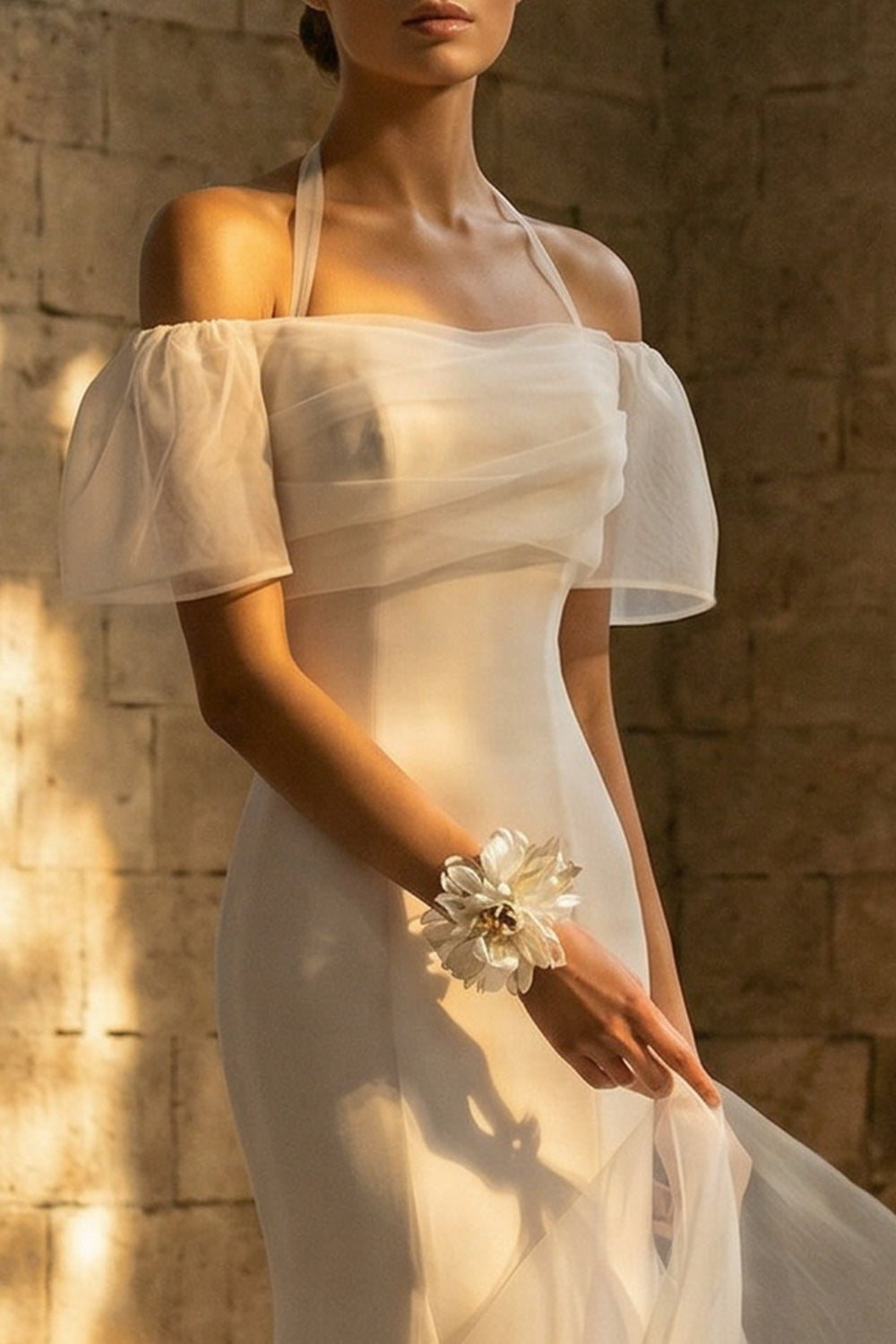 Mermaid Halter Long White Boho Reception Dress for Bride with Sleeves