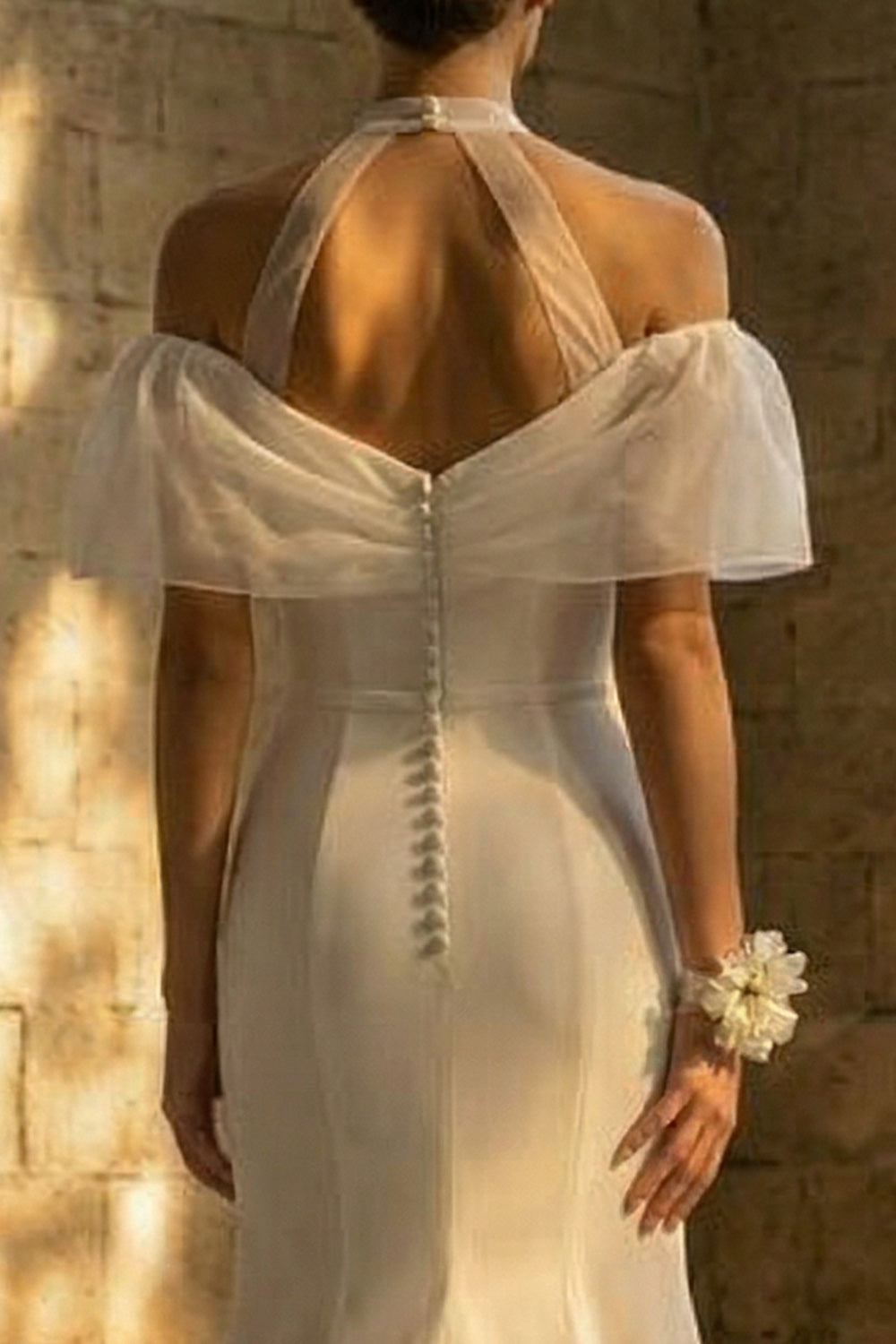 Mermaid Halter Long White Boho Reception Dress for Bride with Sleeves