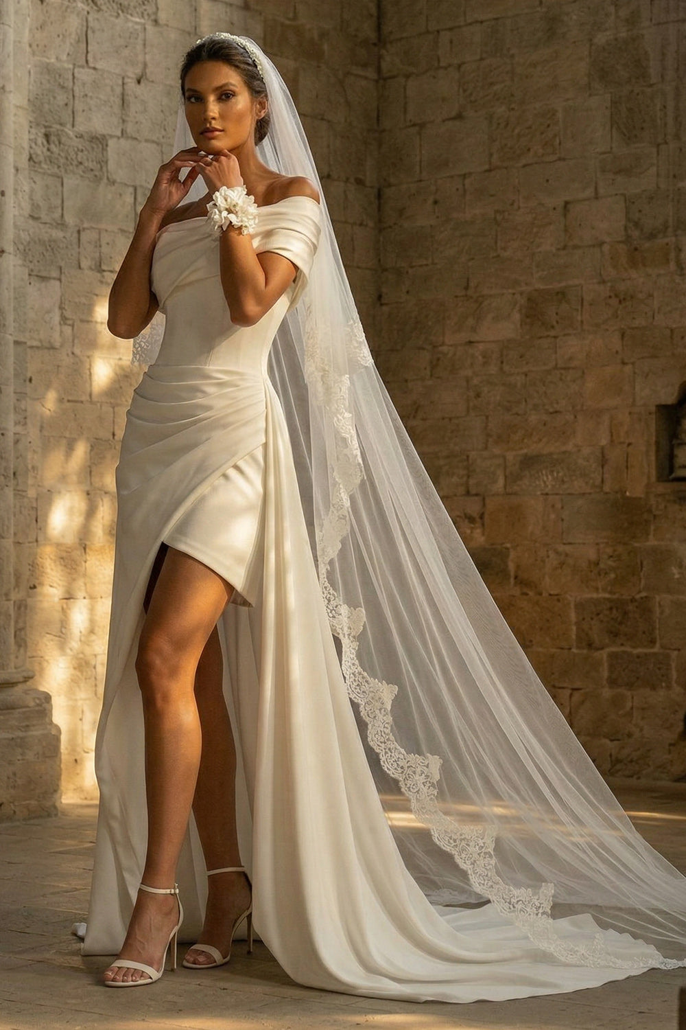 Off The Shoulder Ruched White Reception Dress for Bride with Slit