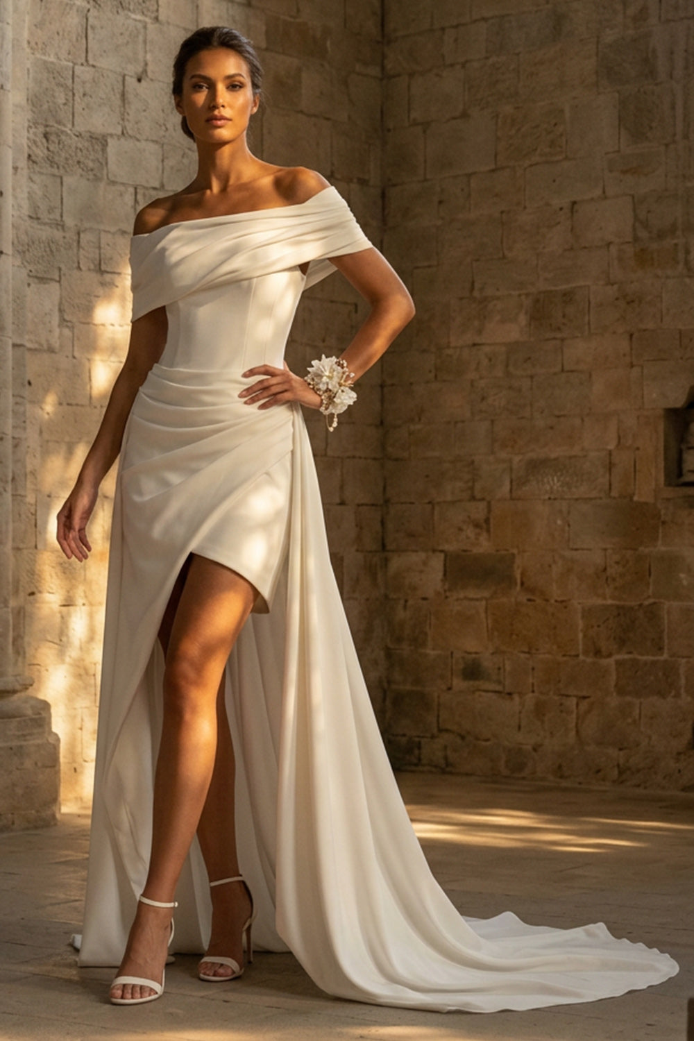 Off The Shoulder Ruched White Reception Dress for Bride with Slit