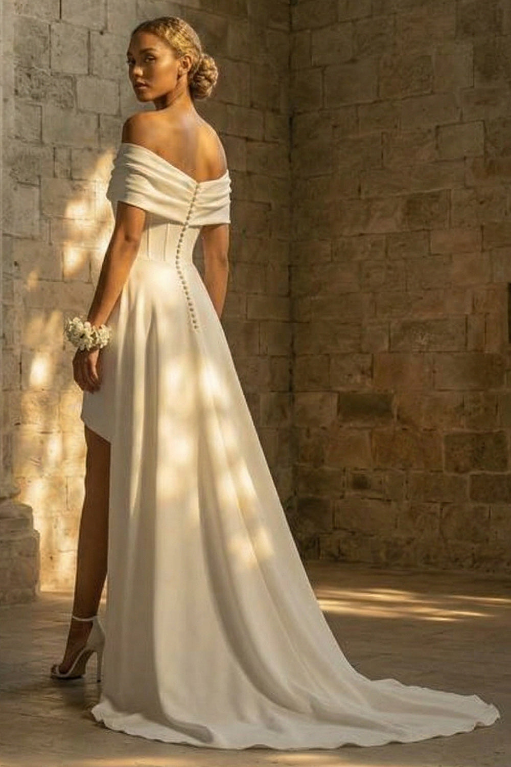 Off The Shoulder Ruched White Reception Dress for Bride with Slit