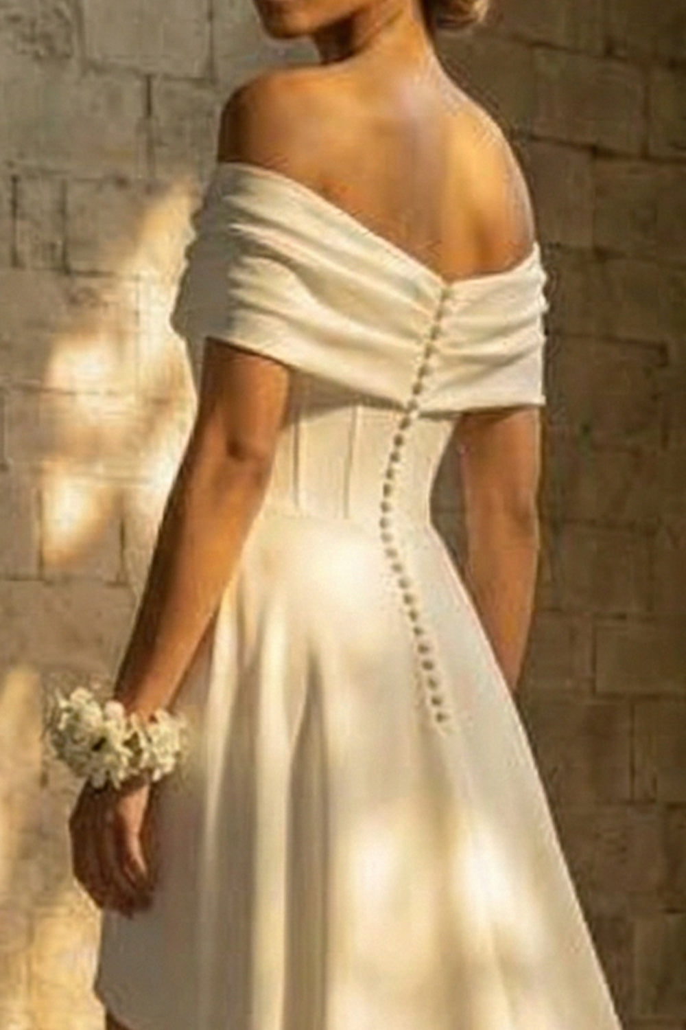 Off The Shoulder Ruched White Reception Dress for Bride with Slit
