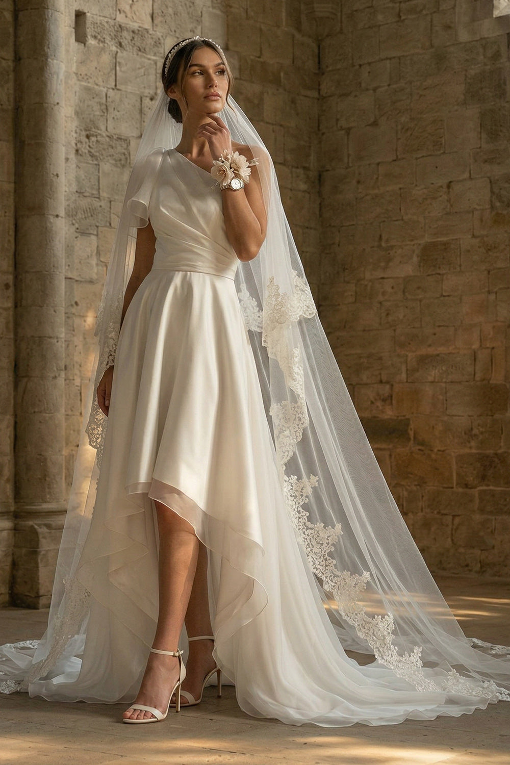 A Line One Shoulder Ruched Ruffled High-Low White Reception Dress for Bride