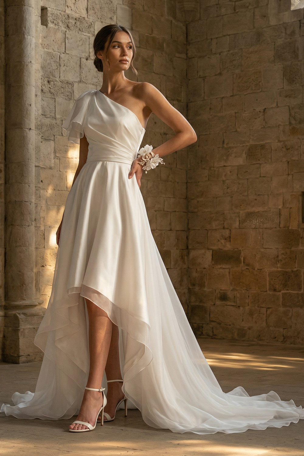 A Line One Shoulder Ruched Ruffled High-Low White Reception Dress for Bride