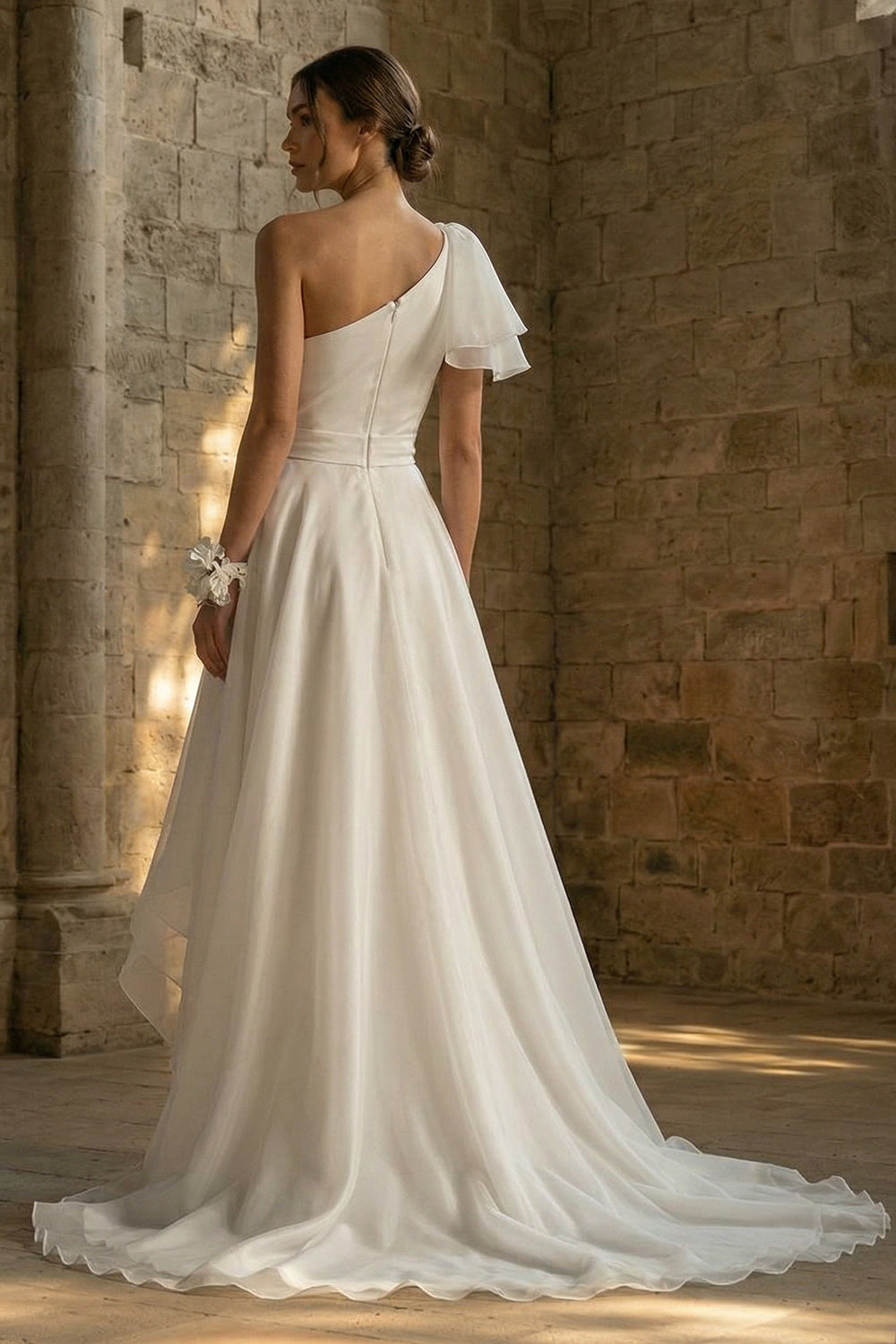 A Line One Shoulder Ruched Ruffled High-Low White Reception Dress for Bride
