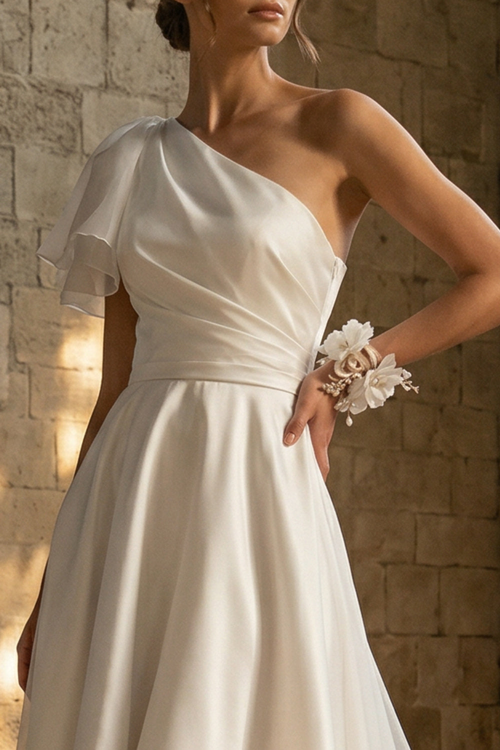 A Line One Shoulder Ruched Ruffled High-Low White Reception Dress for Bride