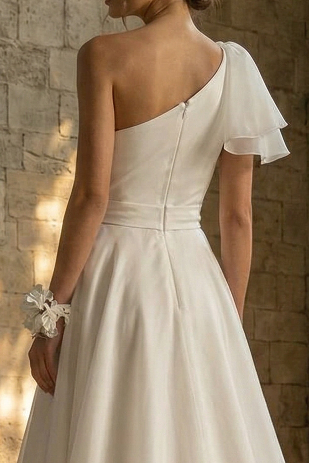 A Line One Shoulder Ruched Ruffled High-Low White Reception Dress for Bride