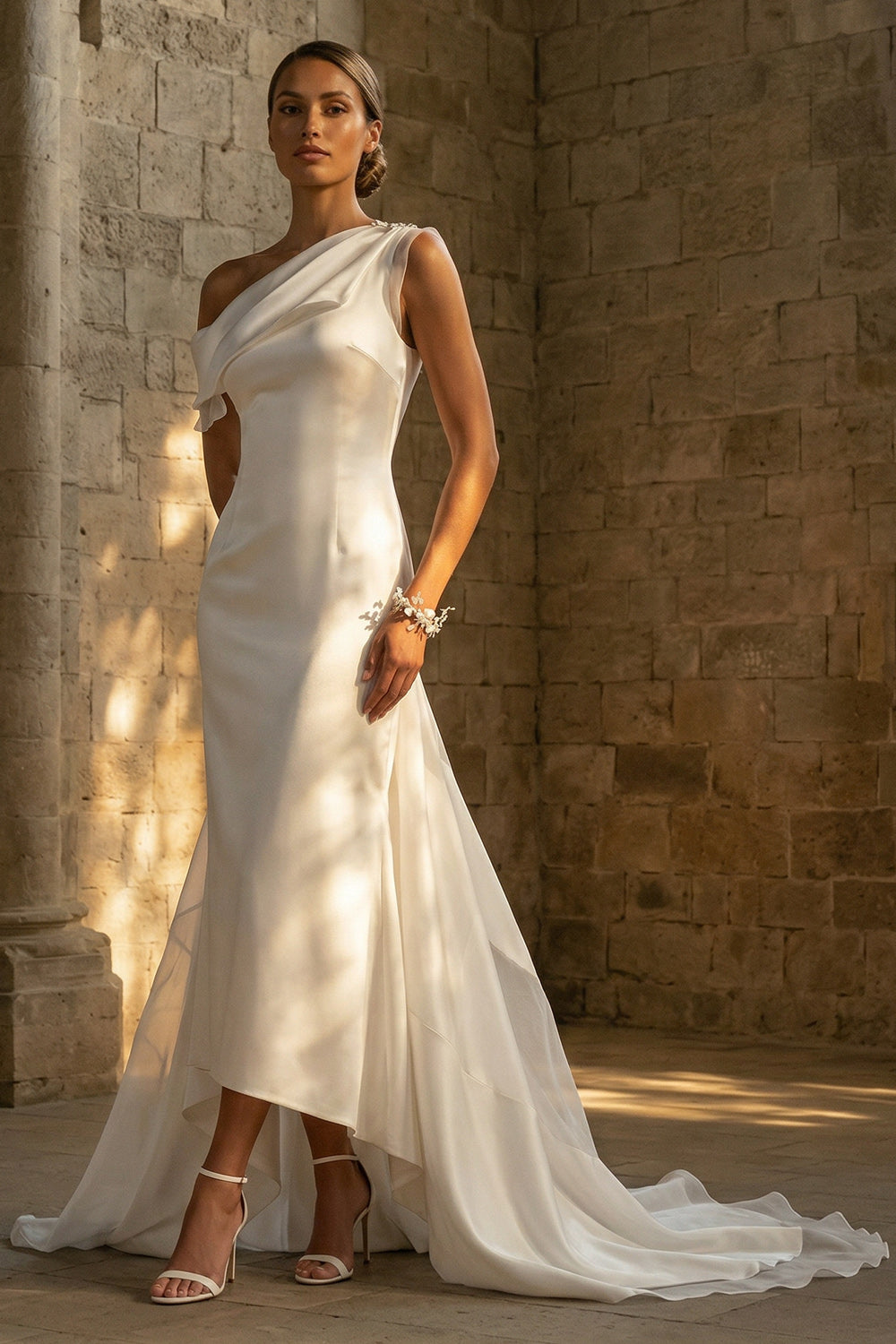 One Shoulder White Satin High Low Reception Dress for Bride with Cape