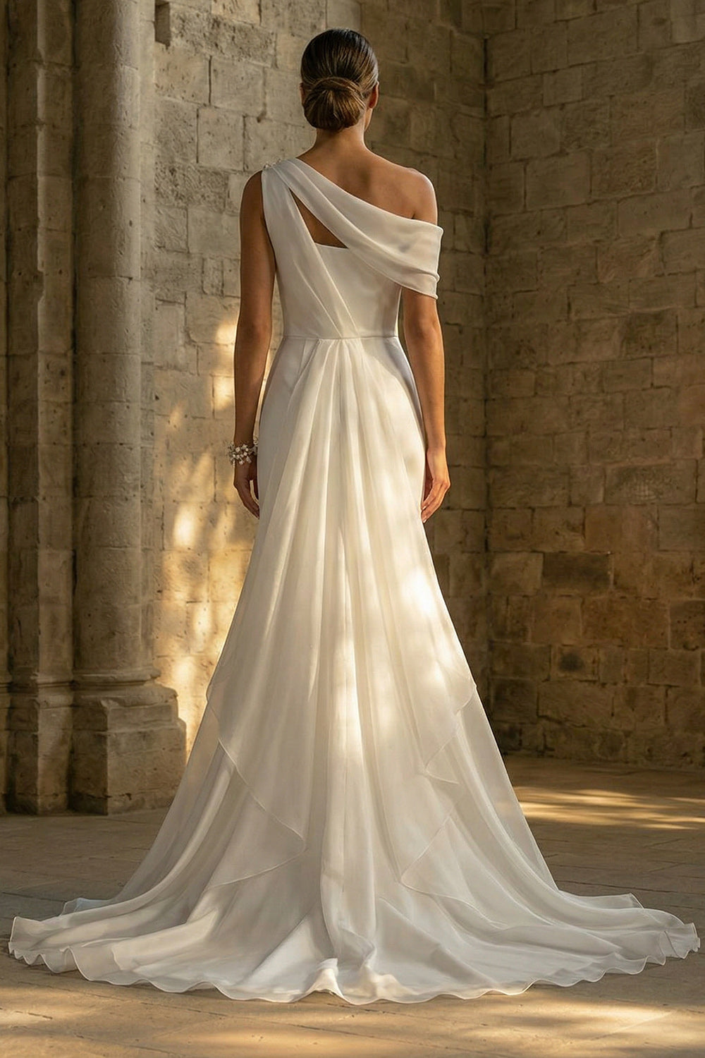 One Shoulder White Satin High Low Reception Dress for Bride with Cape