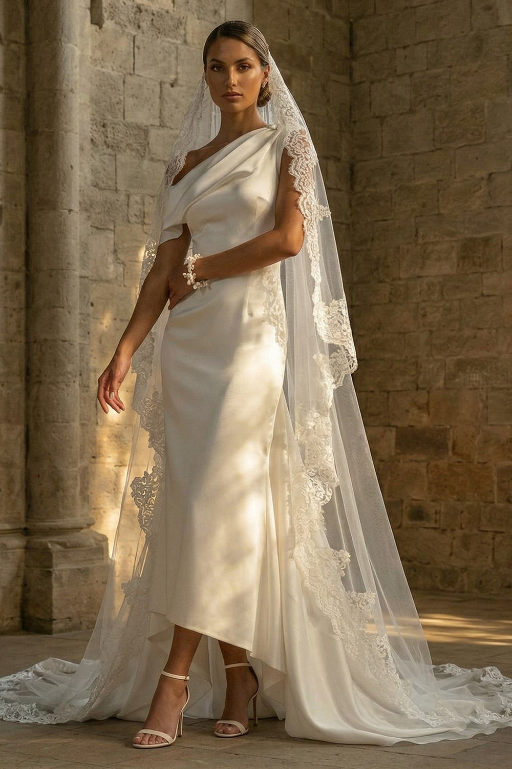 One Shoulder White Satin High Low Reception Dress for Bride with Cape