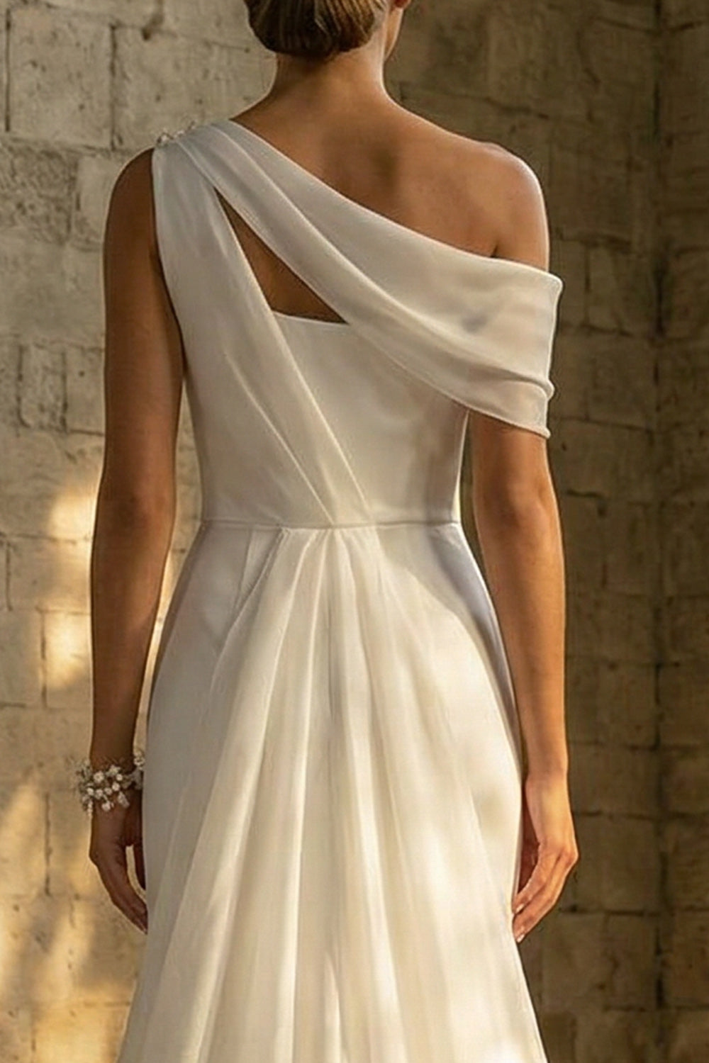 One Shoulder White Satin High Low Reception Dress for Bride with Cape