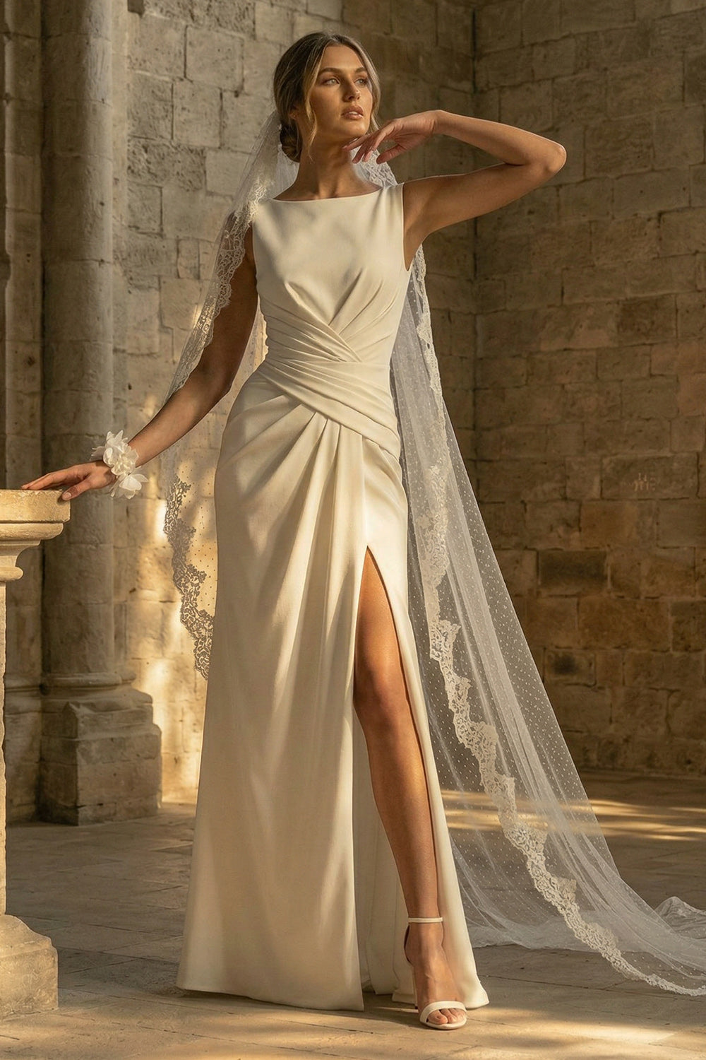 Bateau Neck Sheath White Ruched Long Reception Dress for Bride with Slit