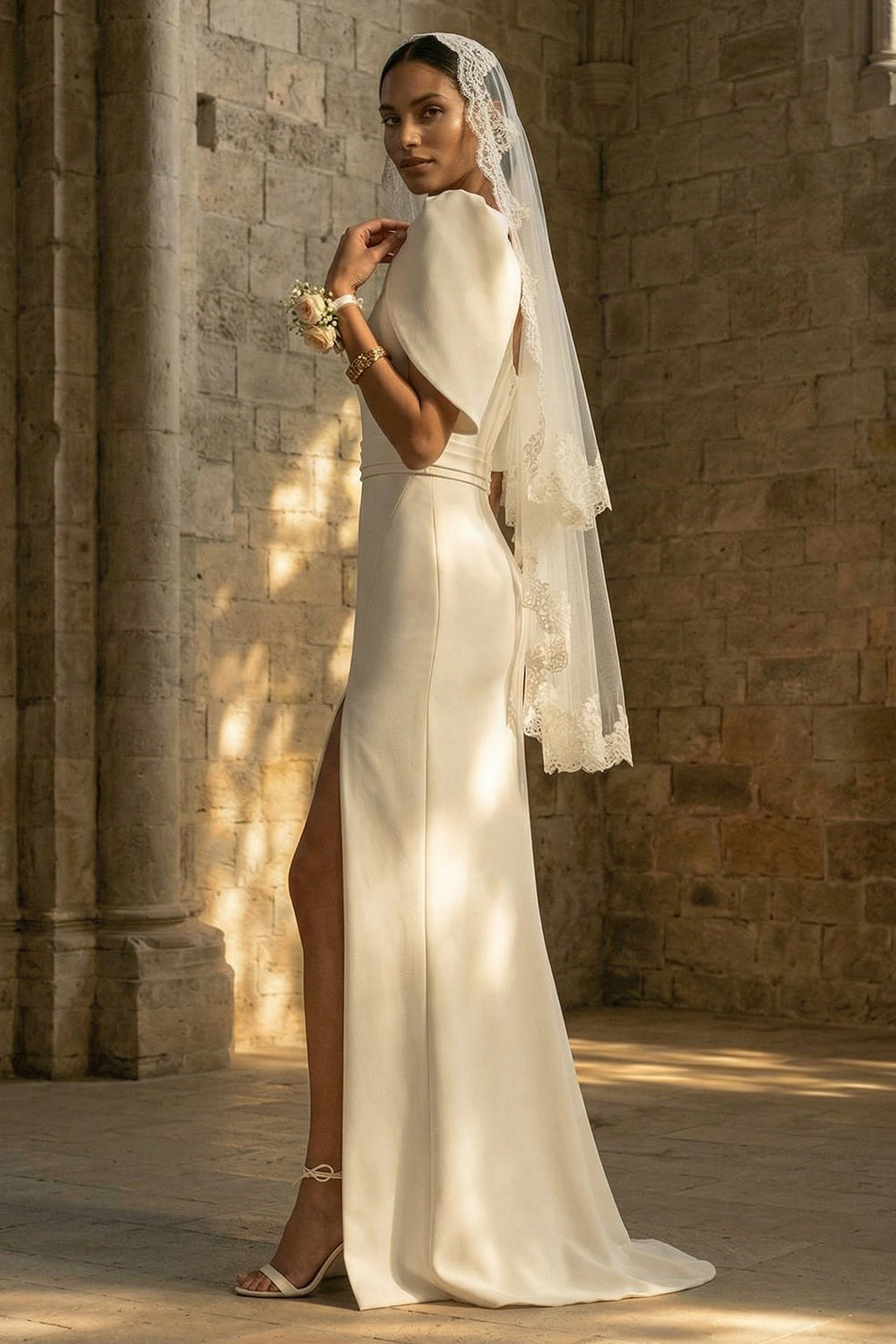 White Square Neck Long Sheath Boho Reception Dress for Bride with Slit