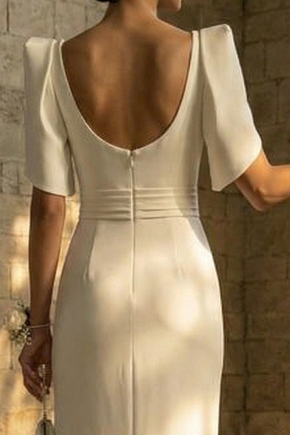 White Square Neck Long Sheath Boho Reception Dress for Bride with Slit