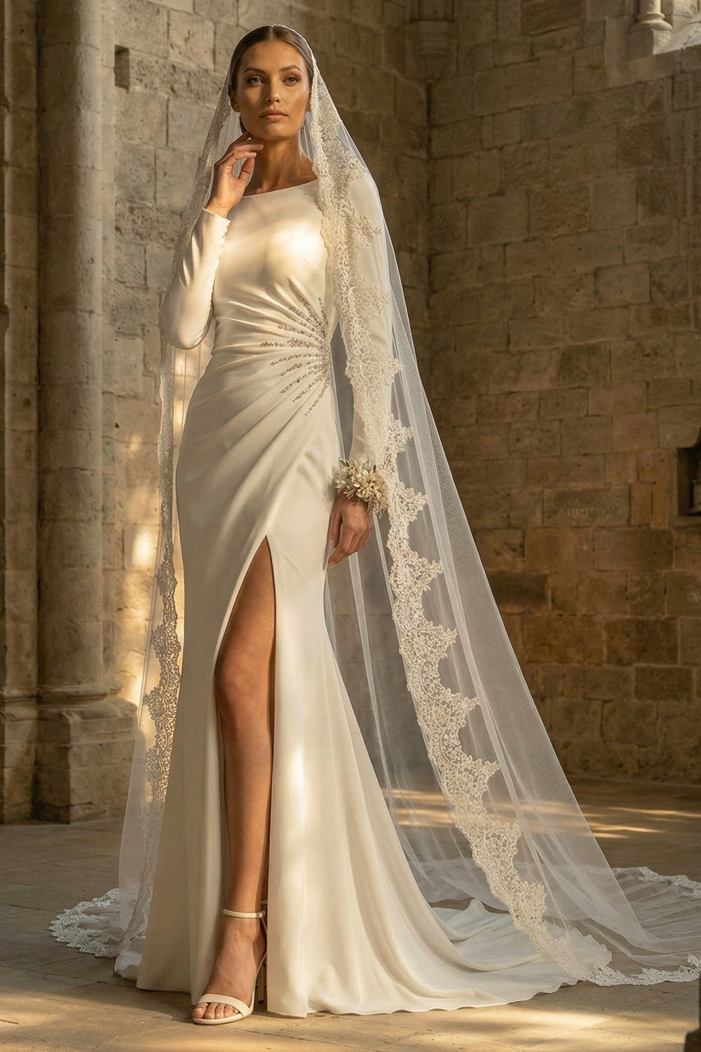 White Bateau Neck Backless Mermaid Long Sleeves Reception Dress for Bride with Slit