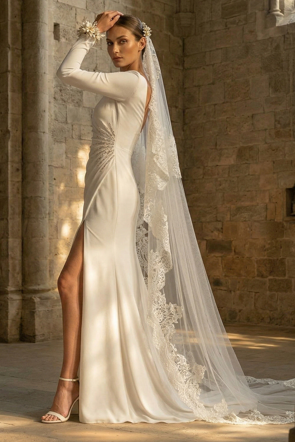 White Bateau Neck Backless Mermaid Long Sleeves Reception Dress for Bride with Slit