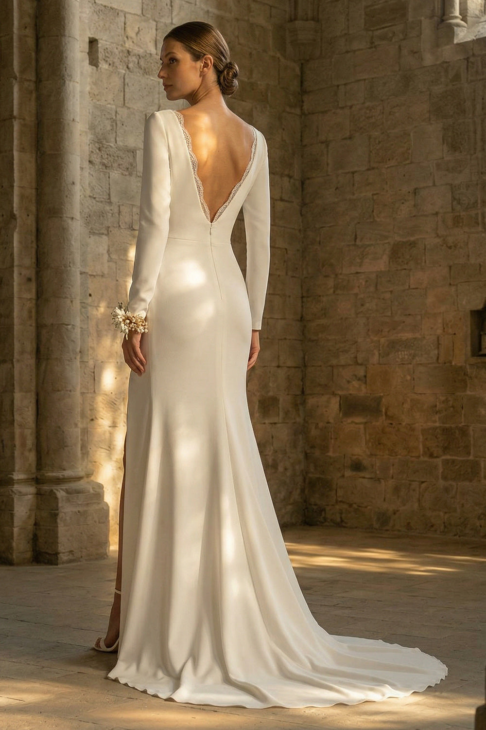 White Bateau Neck Backless Mermaid Long Sleeves Reception Dress for Bride with Slit