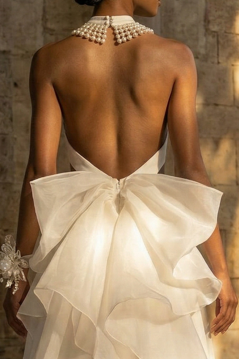 Maxi High Neck A Line Cut Out White Boho Reception Dress for Bride