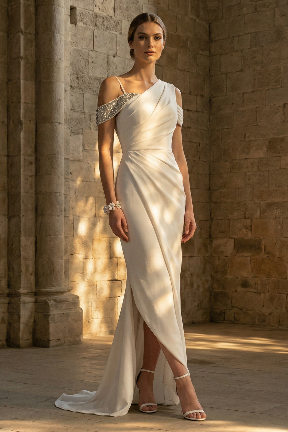 Cold Shoulder Mermaid Maxi Ruched White Boho Reception Dress for Bride