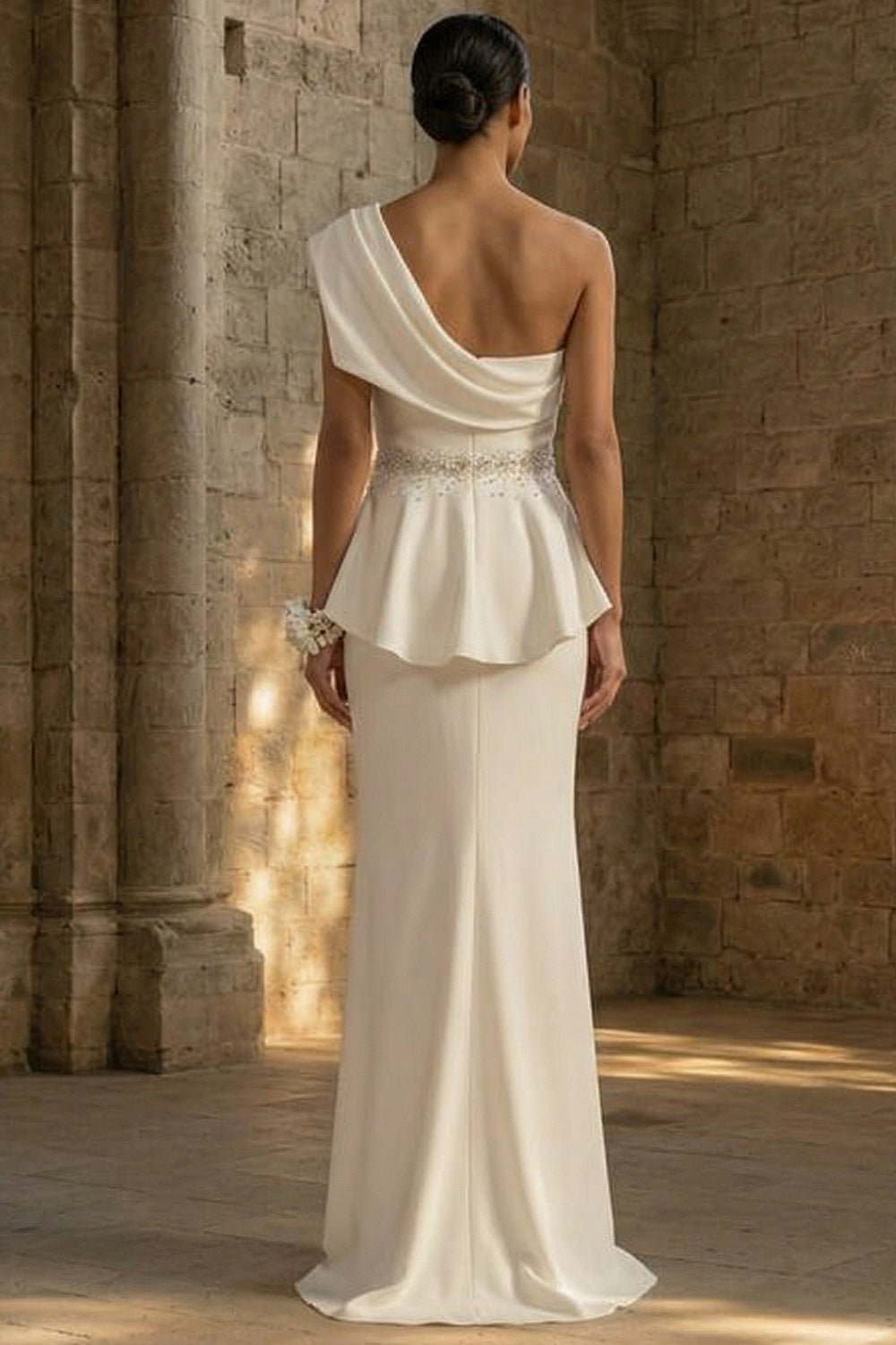 Mermaid Ruched White Maxi One Shoulder Boho Reception Dress for Bride