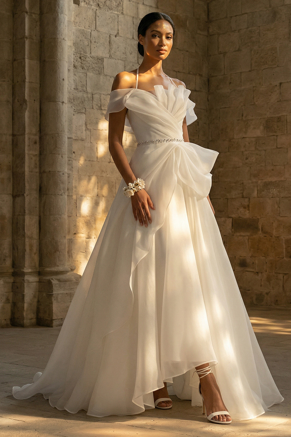 Ruched Halter A Line Ruffled White Sweep Train Reception Dress for Bride