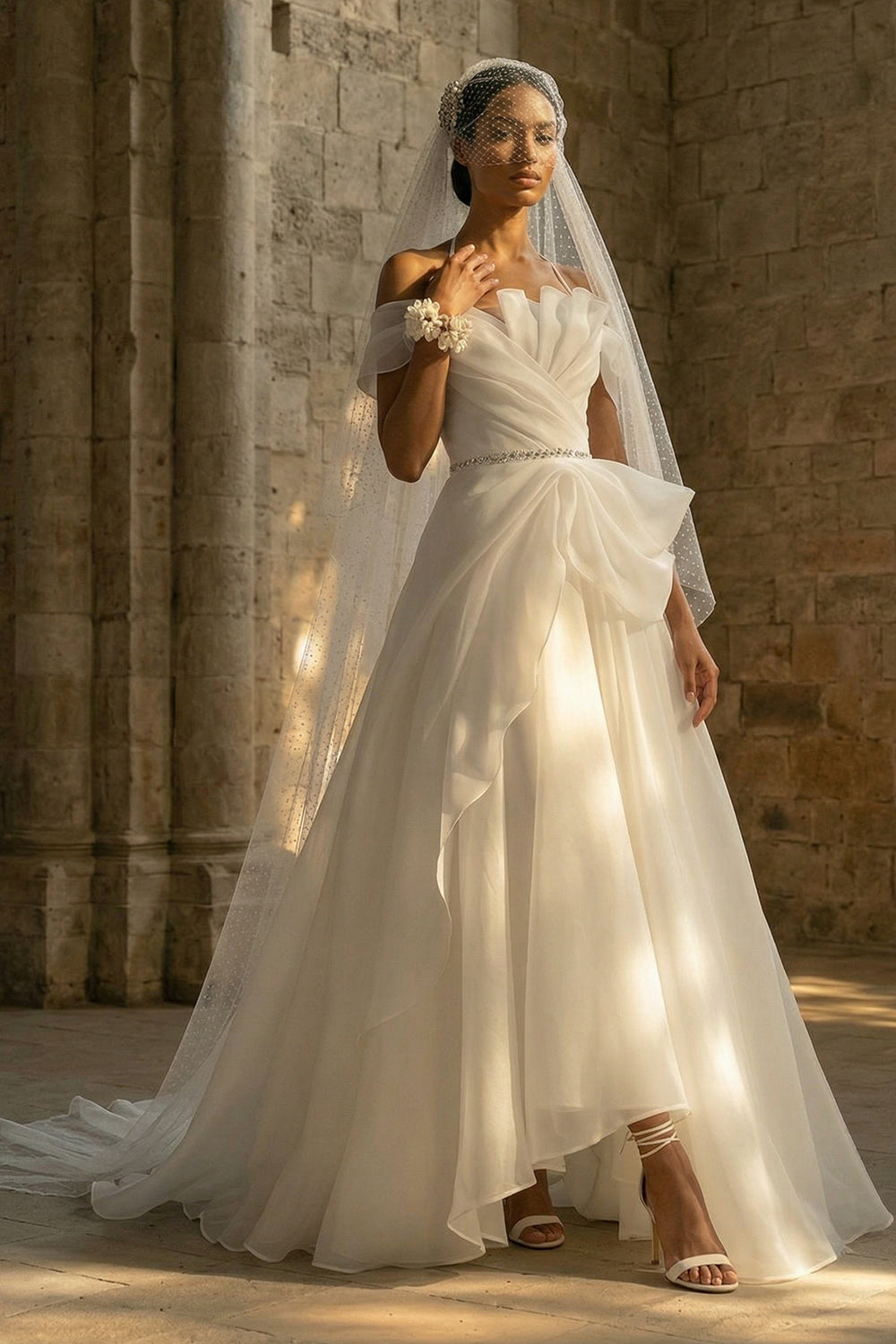 Ruched Halter A Line Ruffled White Sweep Train Reception Dress for Bride