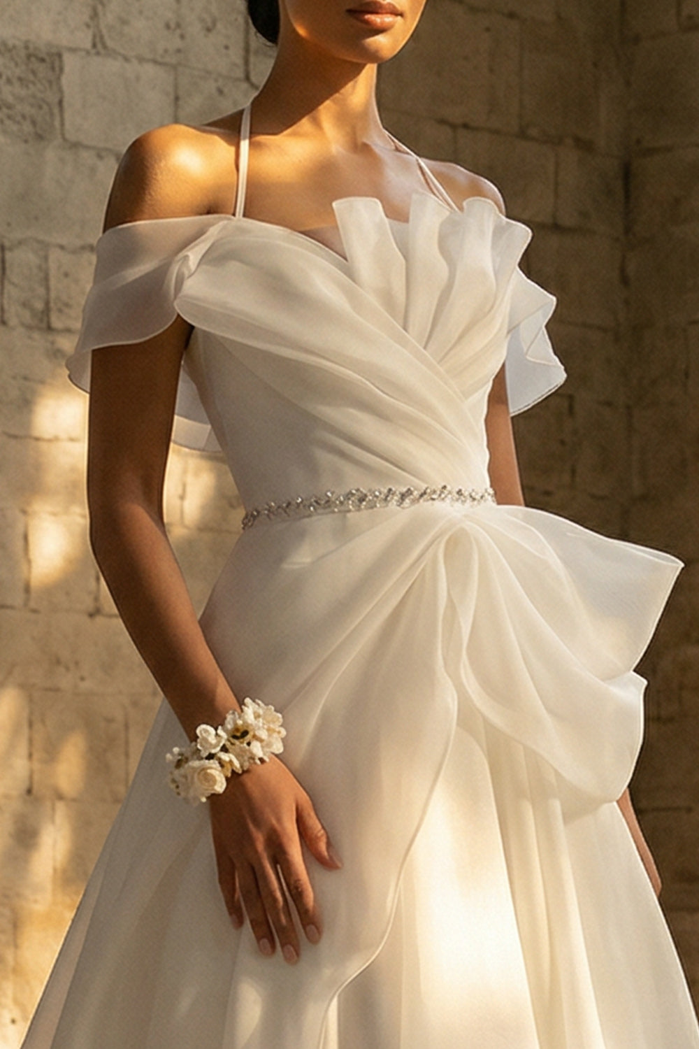 Ruched Halter A Line Ruffled White Sweep Train Reception Dress for Bride
