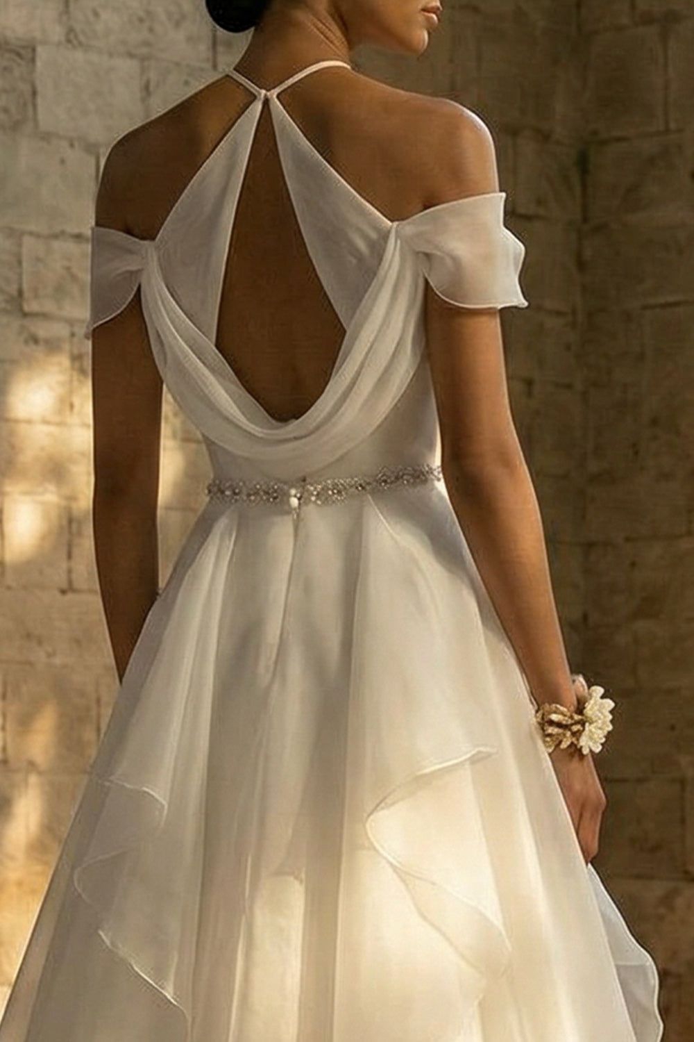 Ruched Halter A Line Ruffled White Sweep Train Reception Dress for Bride