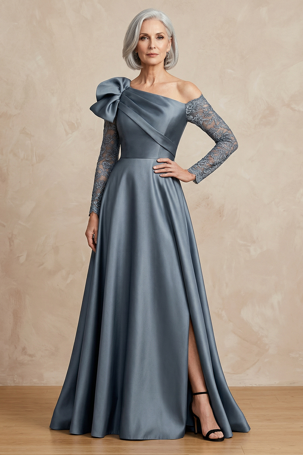 One Shoulder A Line Steel Grey Floor Length Mother of the Bride or Groom Dress with Sleeves