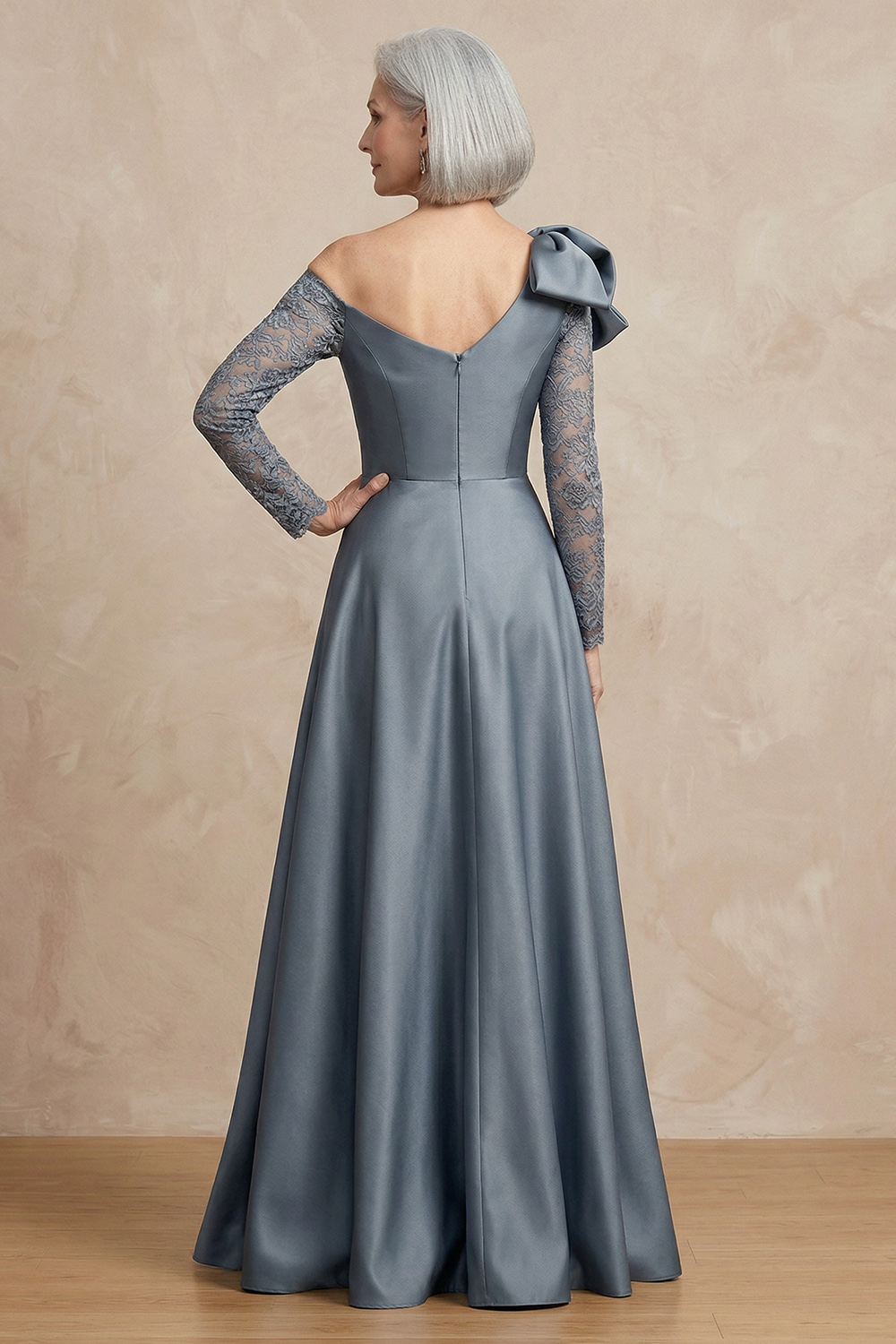 One Shoulder A Line Steel Grey Floor Length Mother of the Bride or Groom Dress with Sleeves