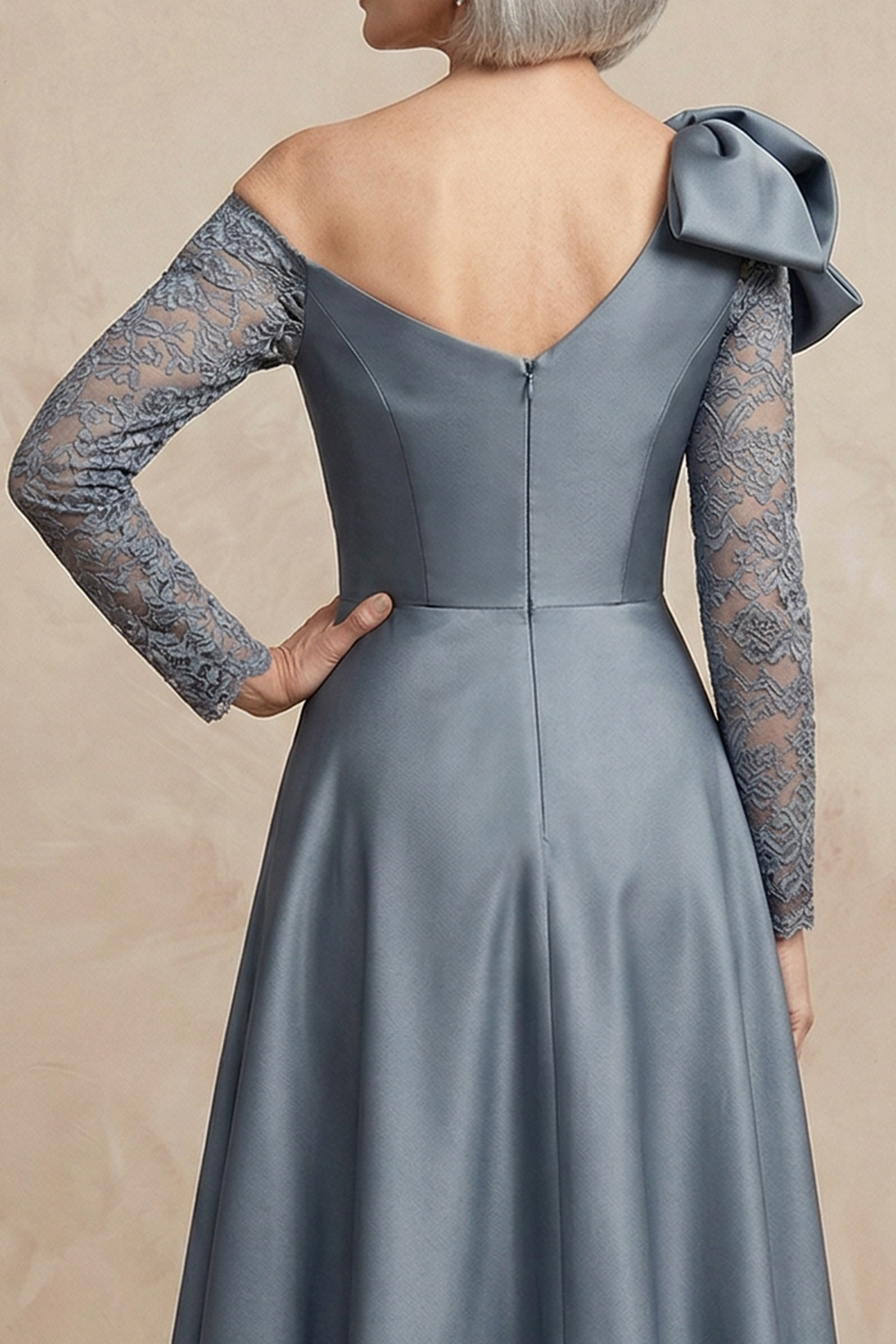 One Shoulder A Line Steel Grey Floor Length Mother of the Bride or Groom Dress with Sleeves