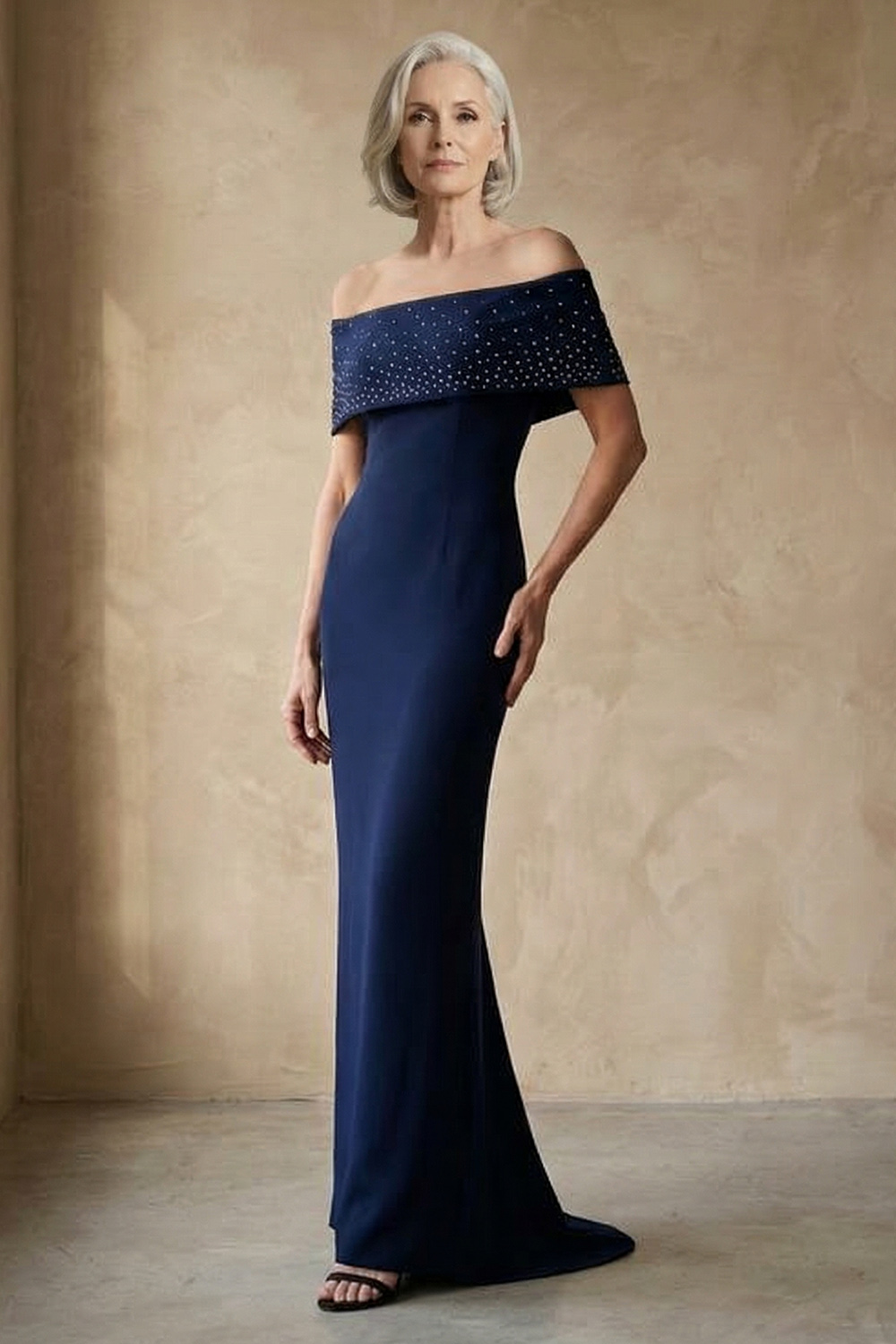 Off The Shoulder Mermaid Navy Beaded Floor-Length Mother of the Bride or Groom Dress