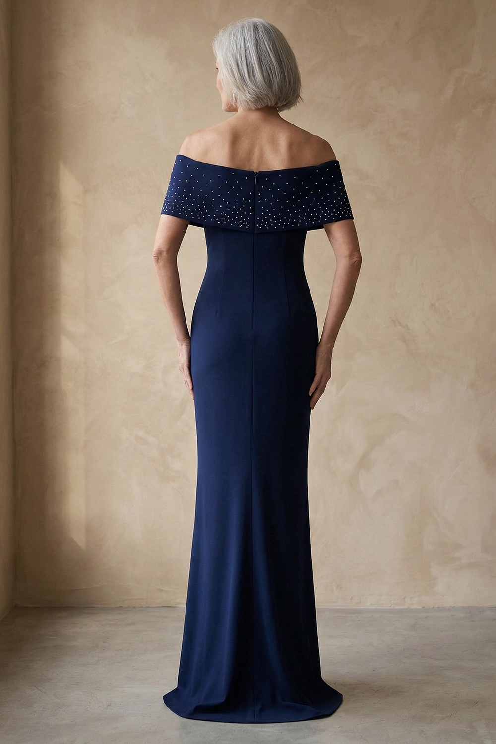 Off The Shoulder Mermaid Navy Beaded Floor-Length Mother of the Bride or Groom Dress