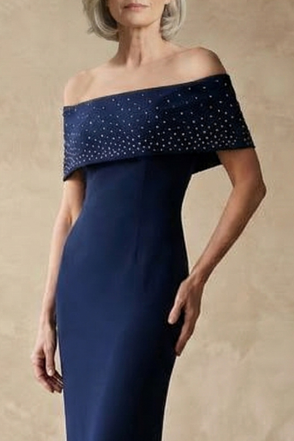 Off The Shoulder Mermaid Navy Beaded Floor-Length Mother of the Bride or Groom Dress