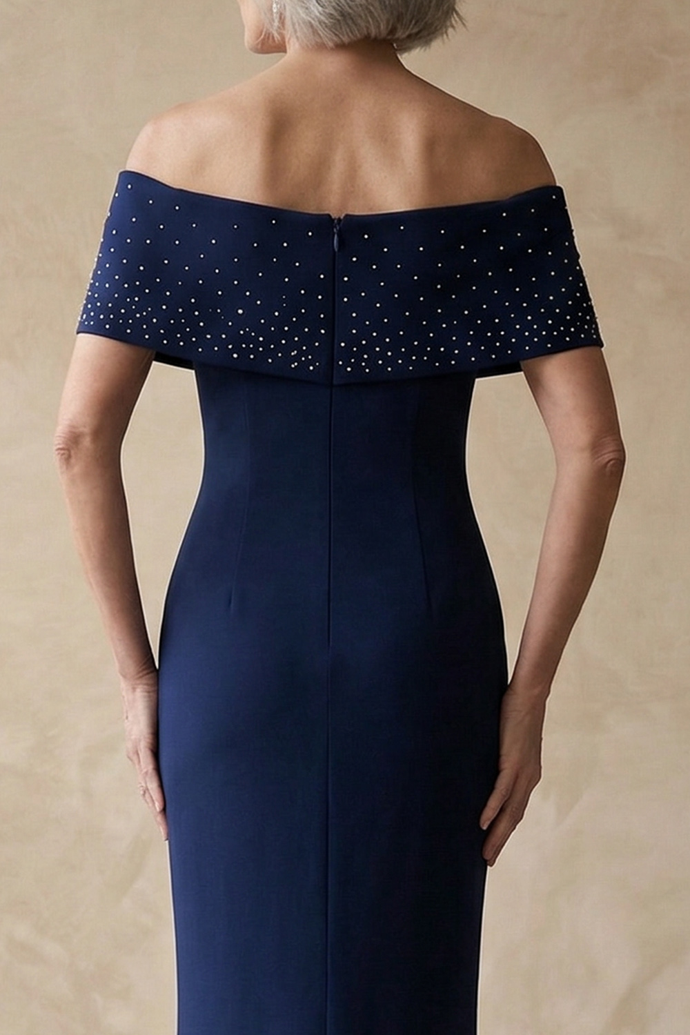 Off The Shoulder Mermaid Navy Beaded Floor-Length Mother of the Bride or Groom Dress