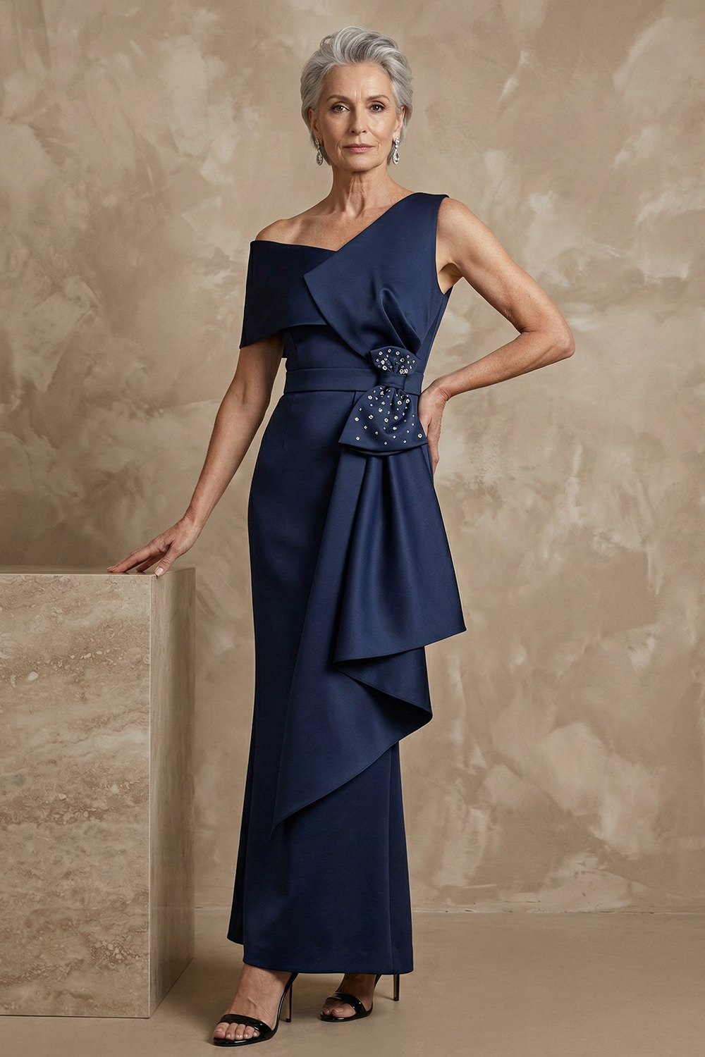 One Shoulder Mermaid Navy Floor-Length Mother of the Bride or Groom Dress with Bow