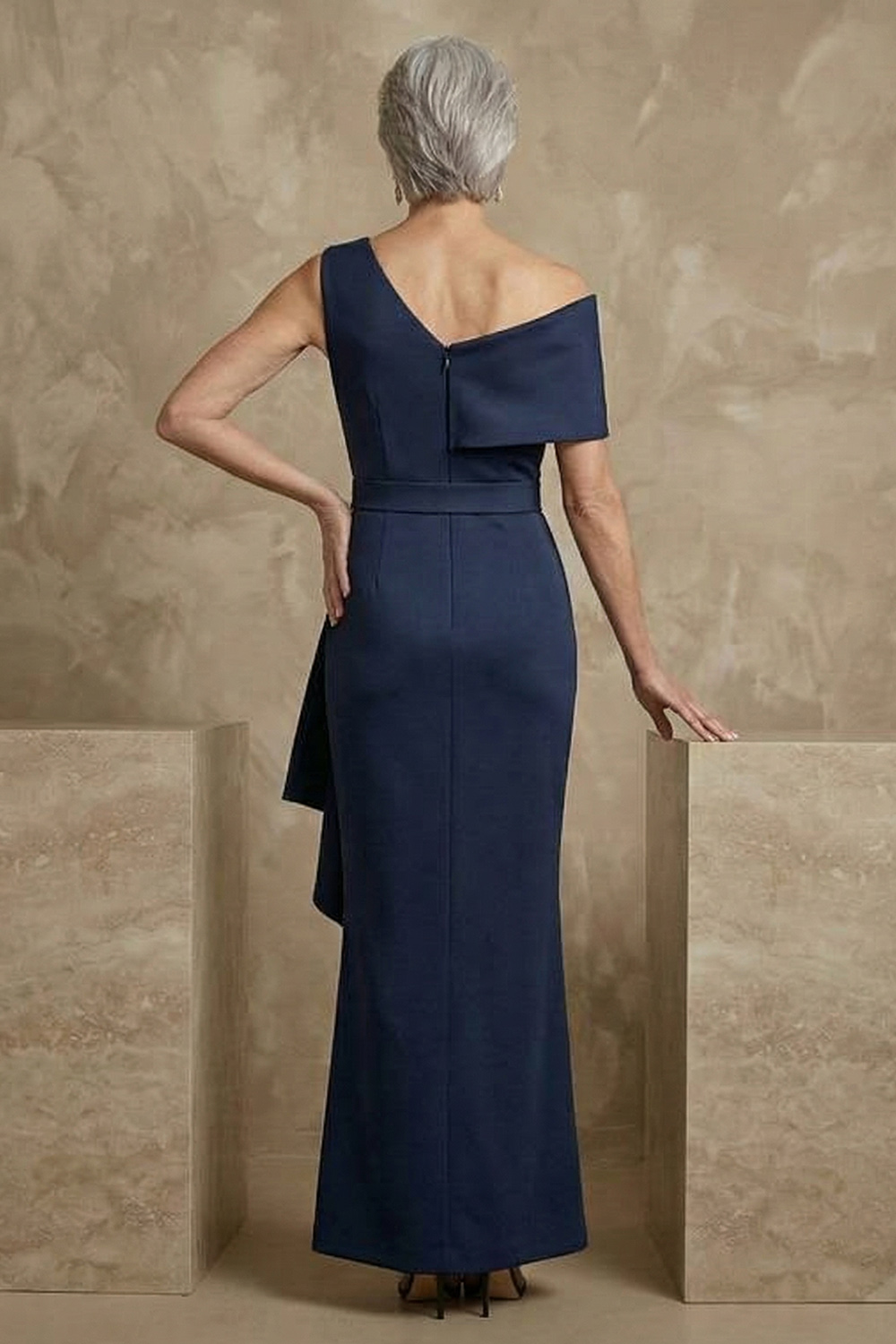 One Shoulder Mermaid Navy Floor-Length Mother of the Bride or Groom Dress with Bow