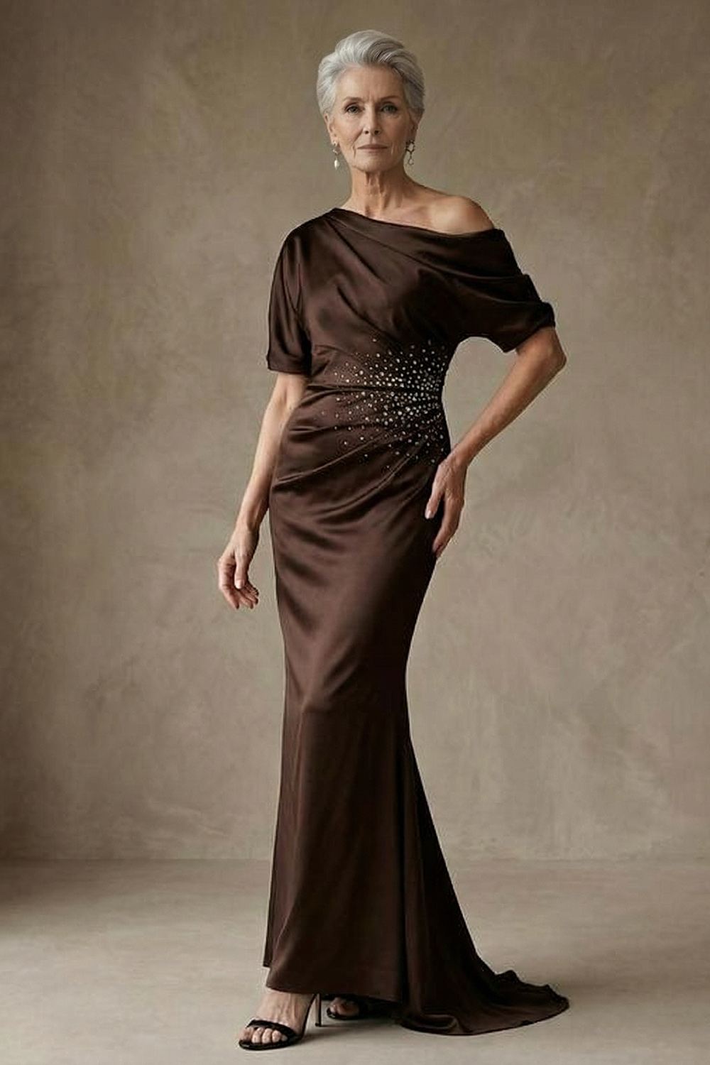 Beaded One Shoulder Mermaid Chocolates Floor-Length Mother of the Bride or Groom Dress