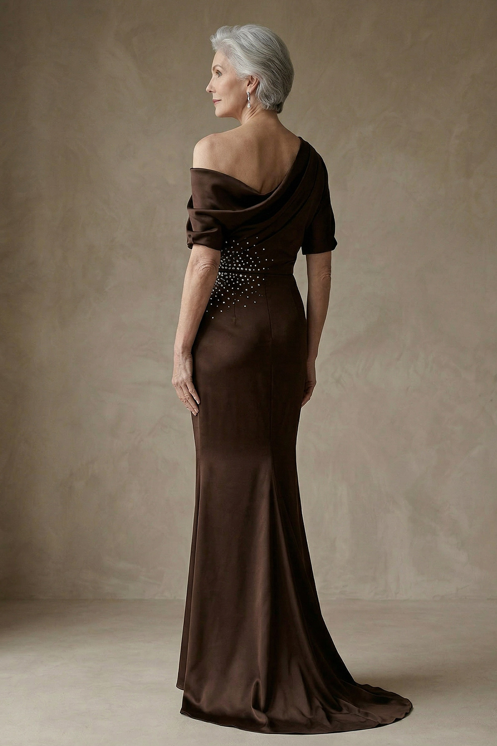 Beaded One Shoulder Mermaid Chocolates Floor-Length Mother of the Bride or Groom Dress