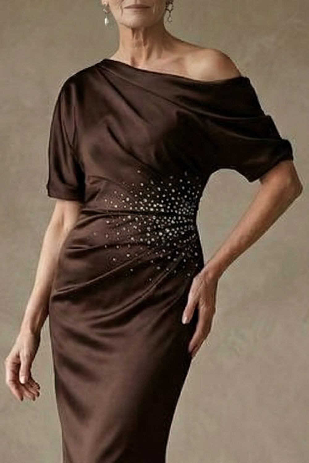 Beaded One Shoulder Mermaid Chocolates Floor-Length Mother of the Bride or Groom Dress