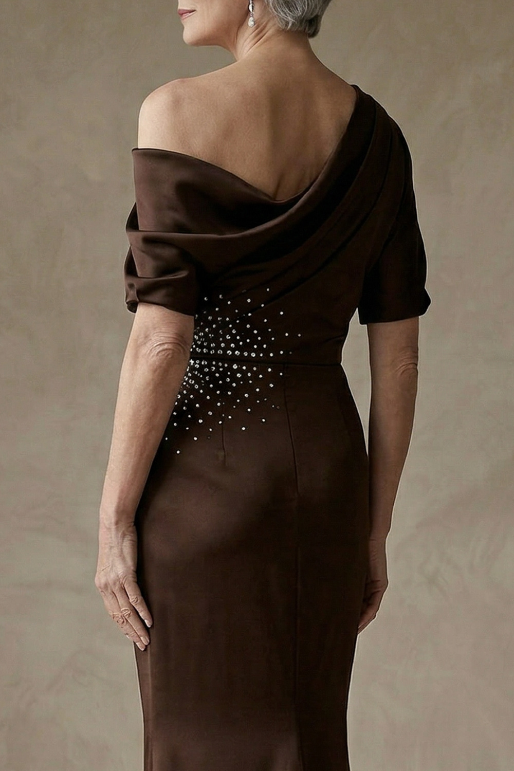 Beaded One Shoulder Mermaid Chocolates Floor-Length Mother of the Bride or Groom Dress