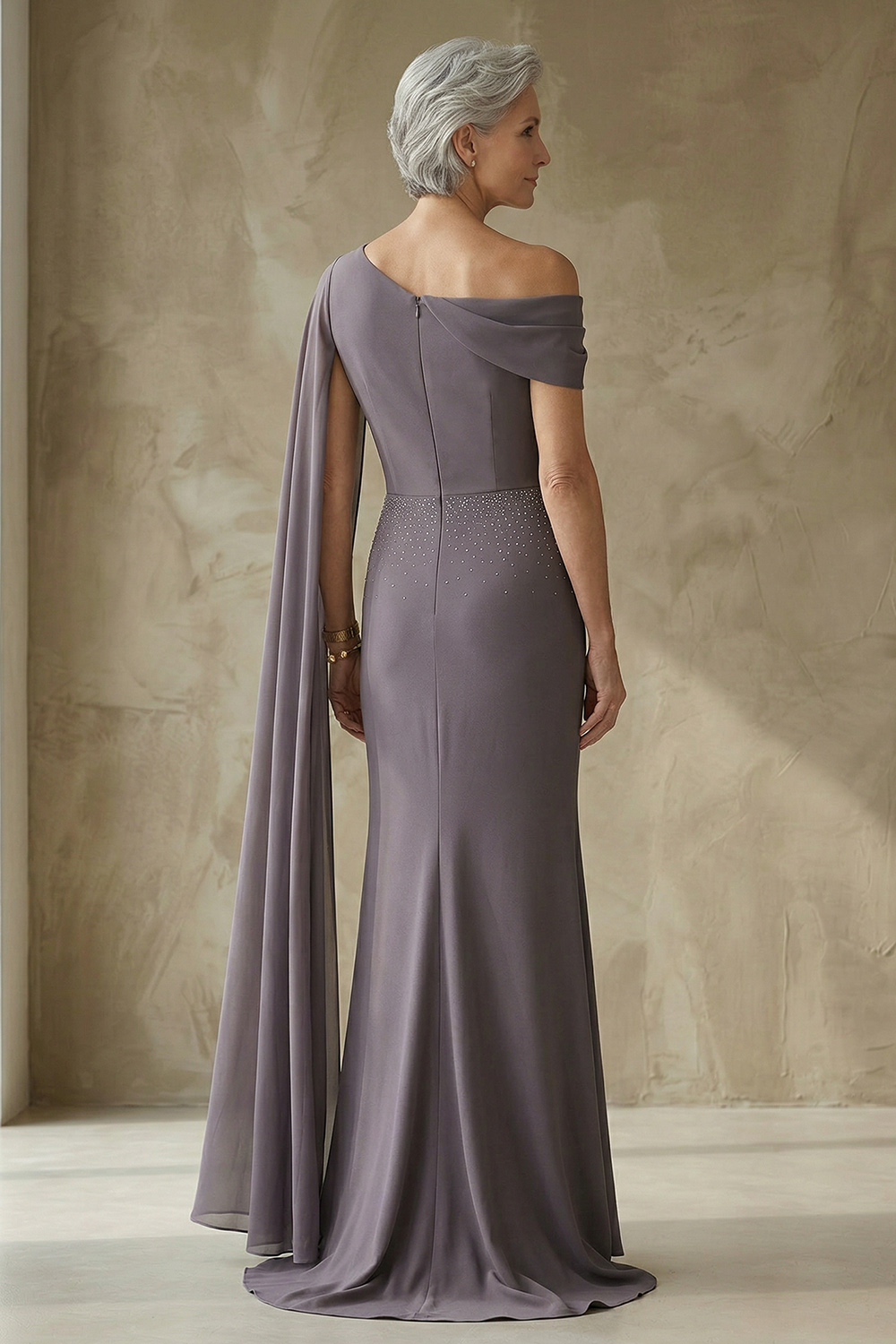 Beaded One Shoulder Vintage Mauve Floor-Length Mother of the Bride or Groom Dress with Side Cape