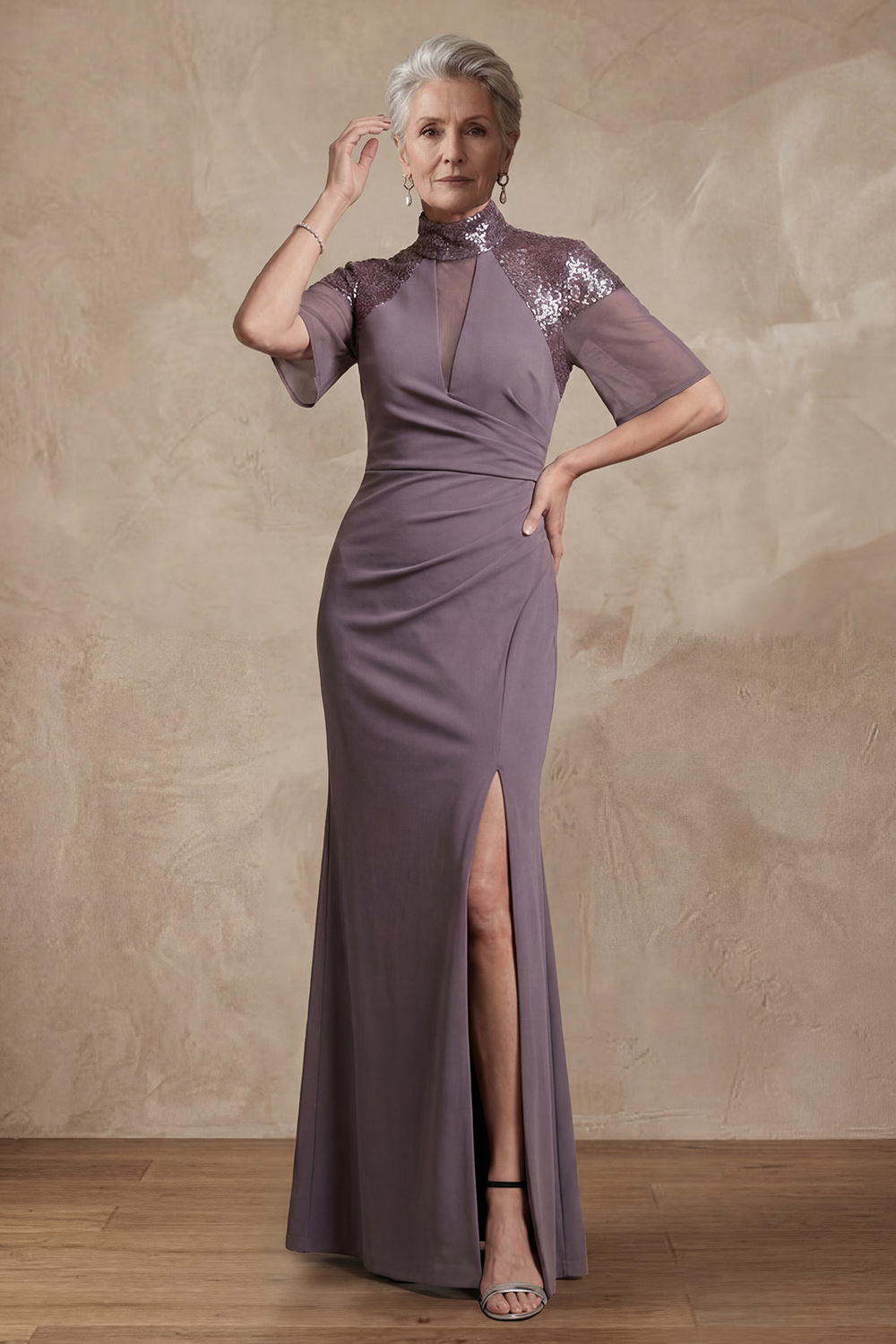 Sequin High Neck Mermaid Vintage Mauve Floor-Length Mother of the Bride or Groom Dress with Slit