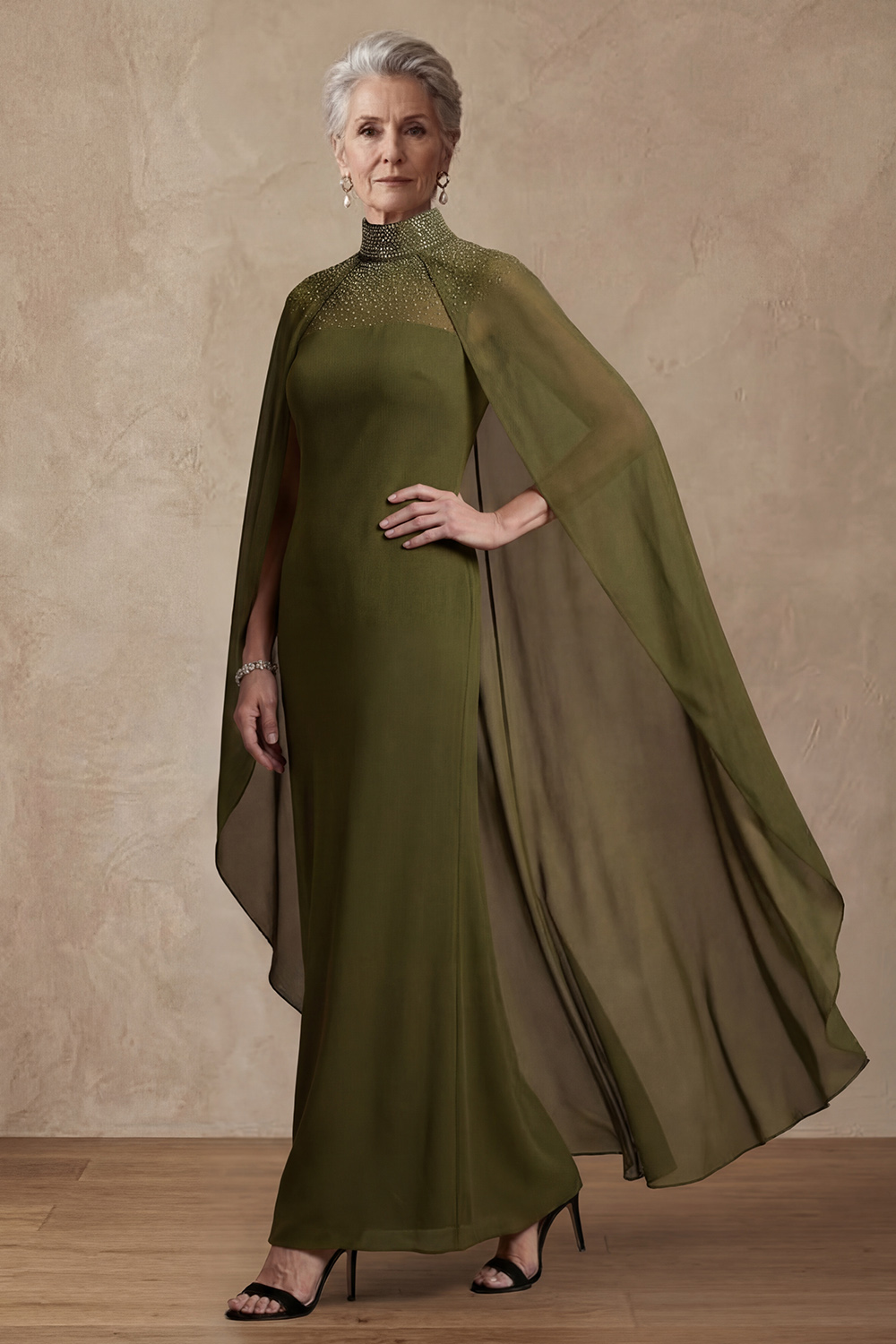 High Neck Sheath Olive Chiffon Floor-Length Mother of the Bride or Groom Dress with Cape