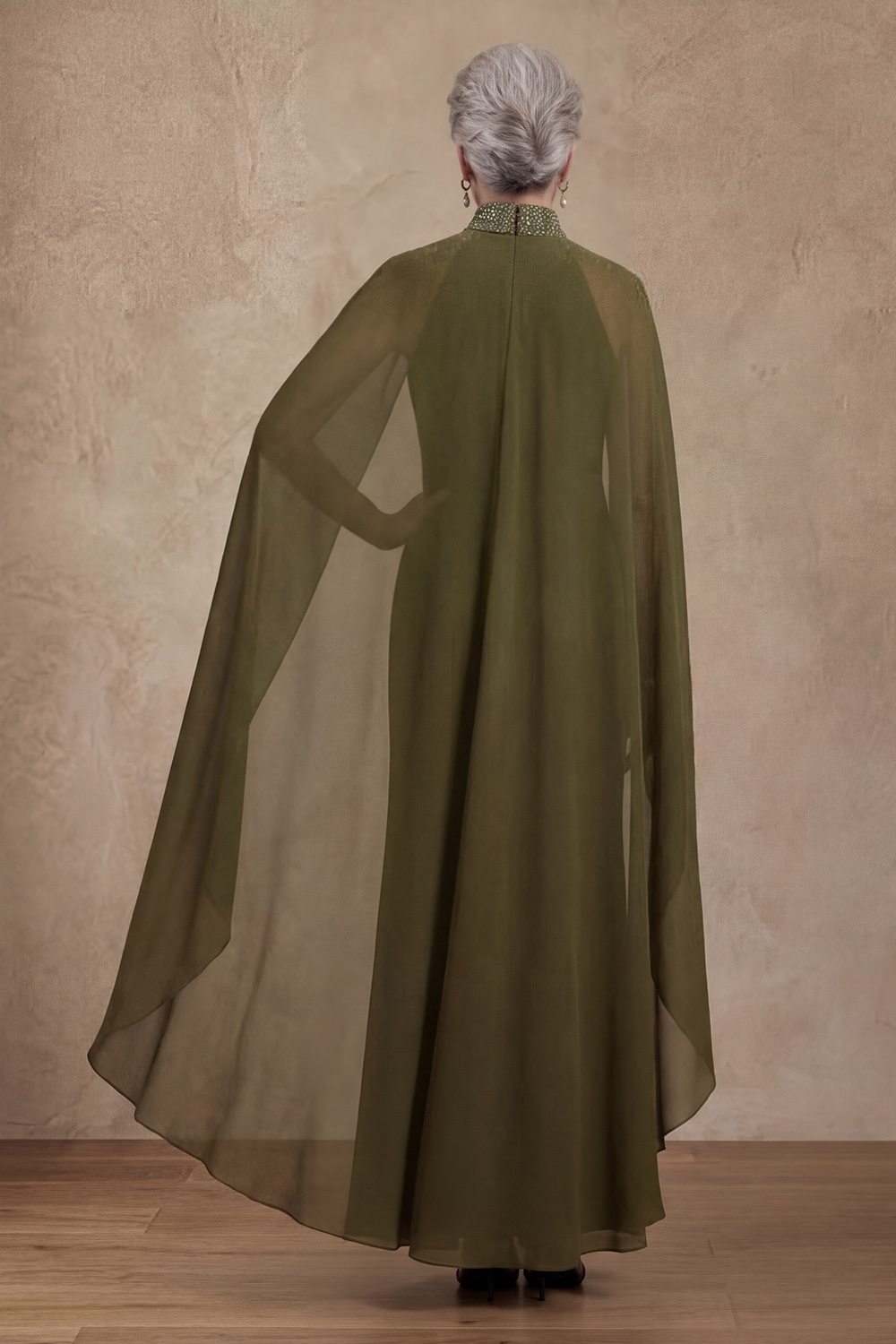 High Neck Sheath Olive Chiffon Floor-Length Mother of the Bride or Groom Dress with Cape