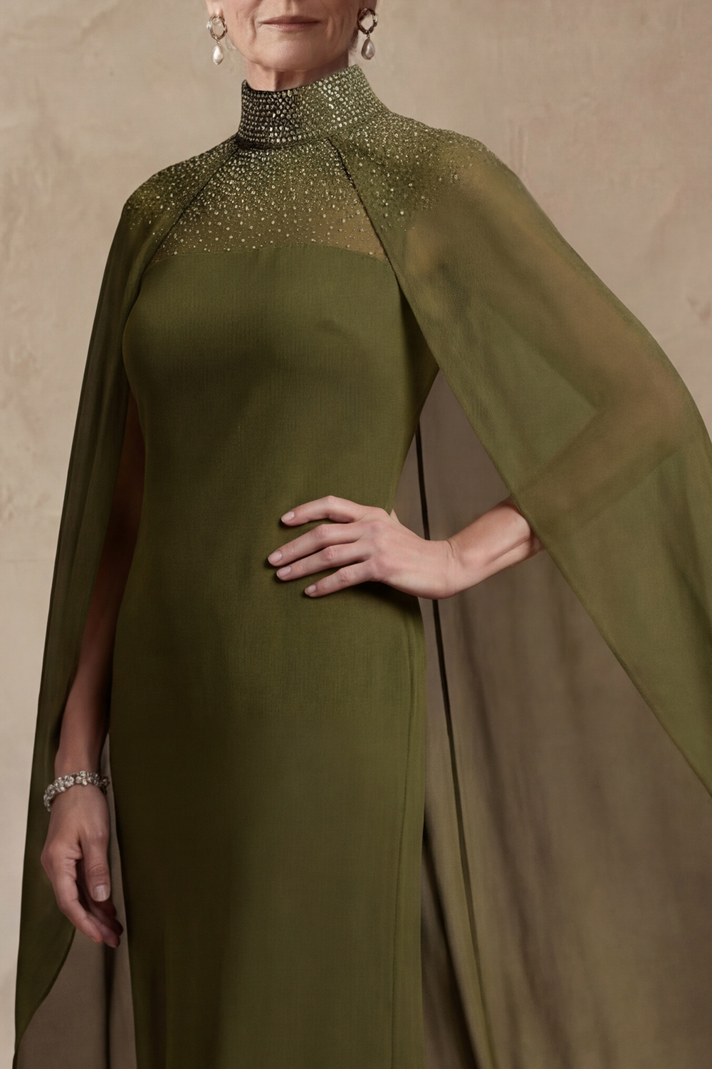 High Neck Sheath Olive Chiffon Floor-Length Mother of the Bride or Groom Dress with Cape