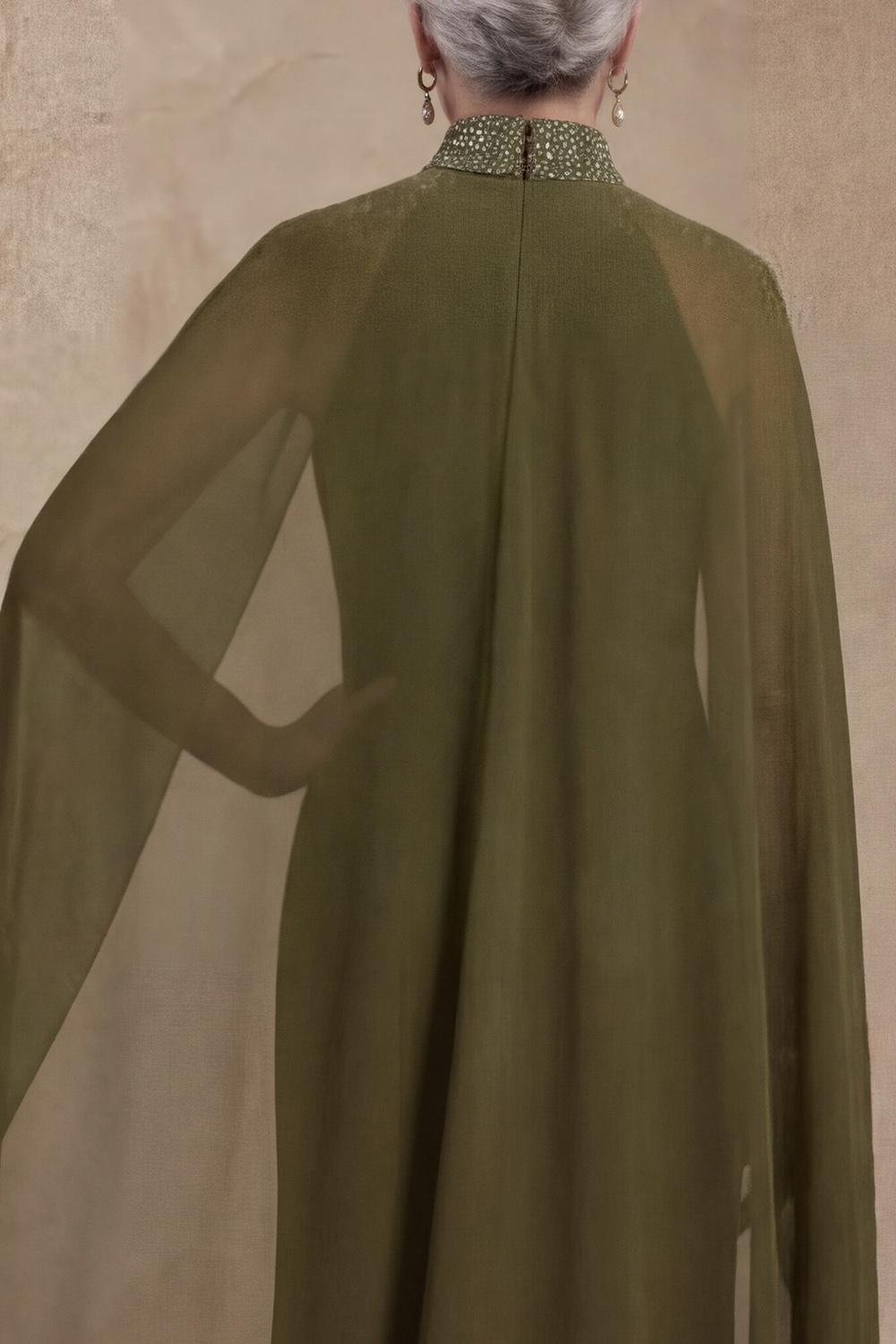 High Neck Sheath Olive Chiffon Floor-Length Mother of the Bride or Groom Dress with Cape