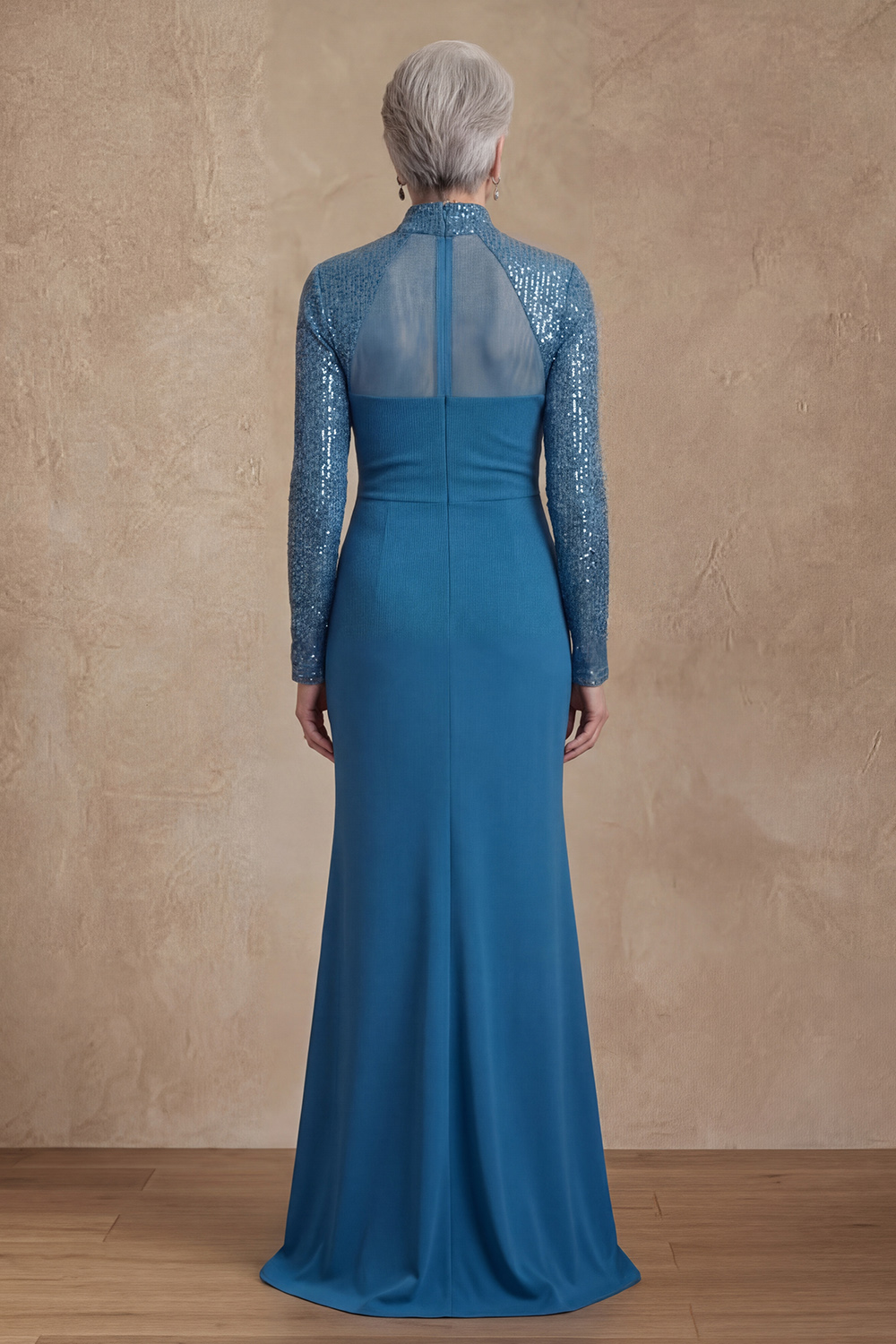 Mermaid Lake Blue Sequins Long Sleeves Mother of the Bride or Groom Dress with Slit