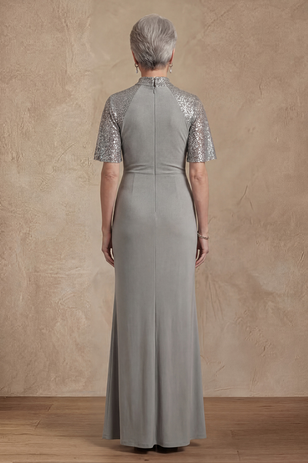 Grey Sequins Sheath Half Sleeves Floor-Length Mother of the Bride or Groom Dress with Slit