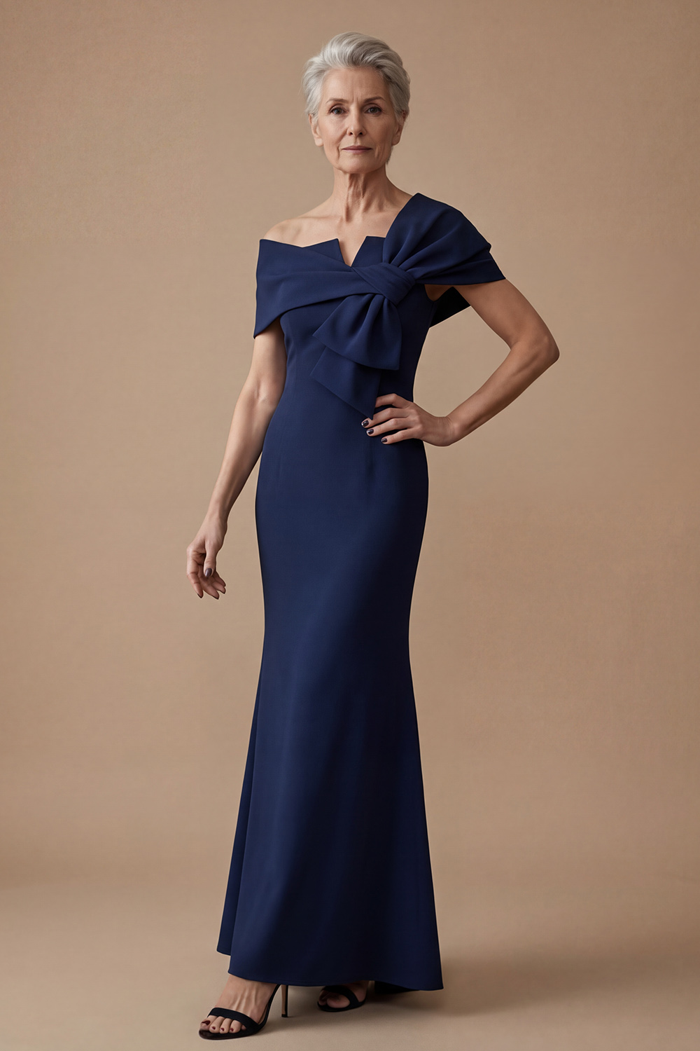 One Shoulder Mermaid Navy Floor-Length Mother of the Bride or Groom Dress with Bow